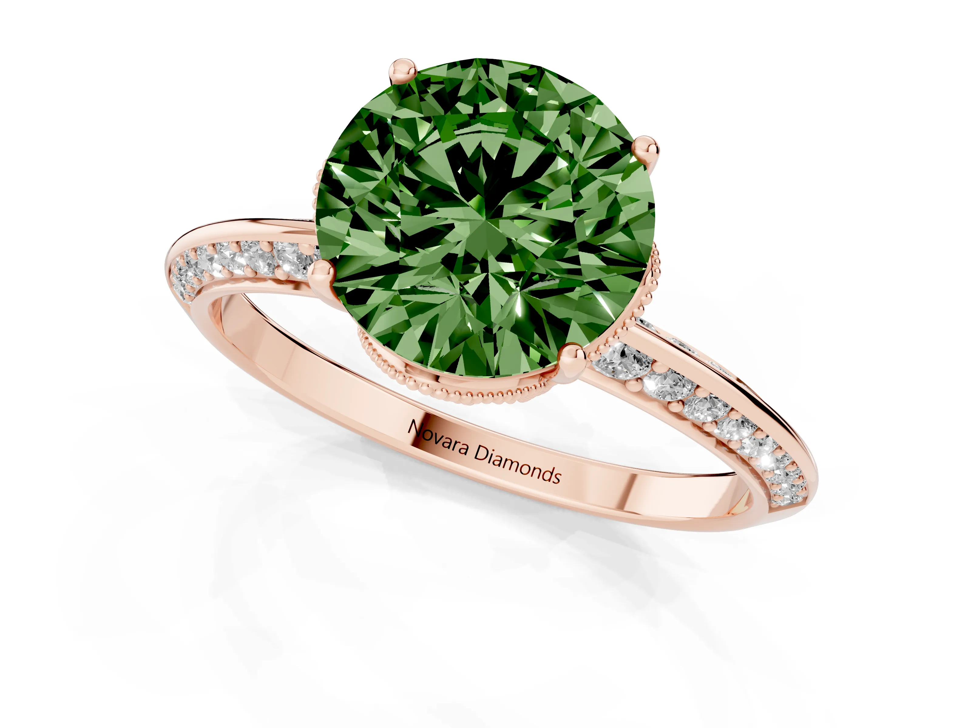 Fancy Green Round Cut Diamond Solitaire Engagement Ring Set in Rose gold with Pavé Split Shank and Prong Setting