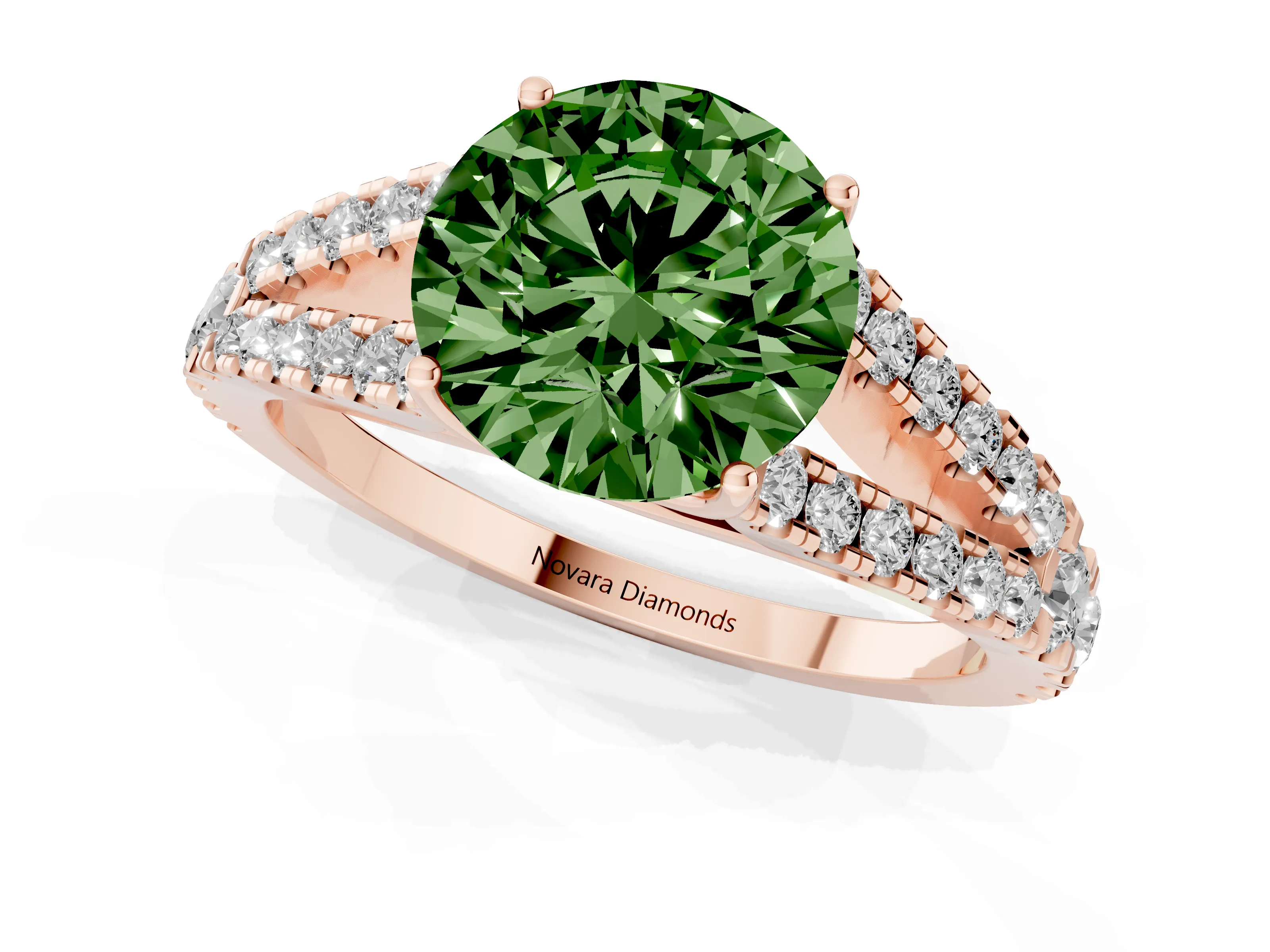 Fancy Green Round Cut Diamond Split Shank Pavé Engagement Ring Set in Rose gold with Prong-Held Center Stone