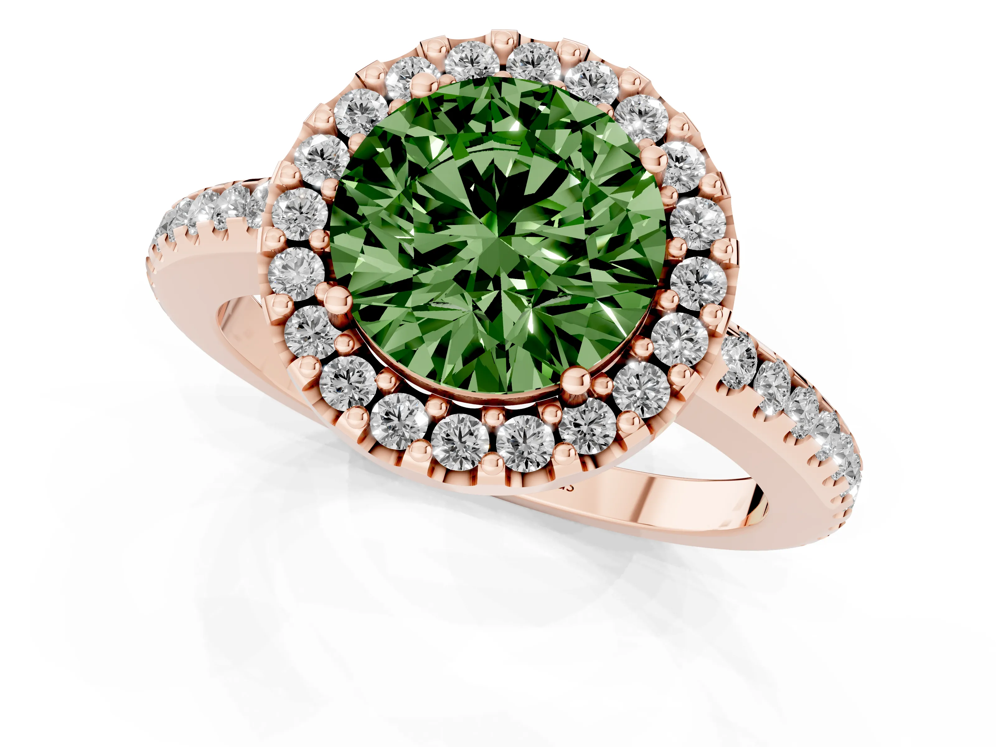 Round Pave Halo Engagement Ring Setting for a Fancy Green Lab-Grown Diamond | Pave Band | Rose Gold