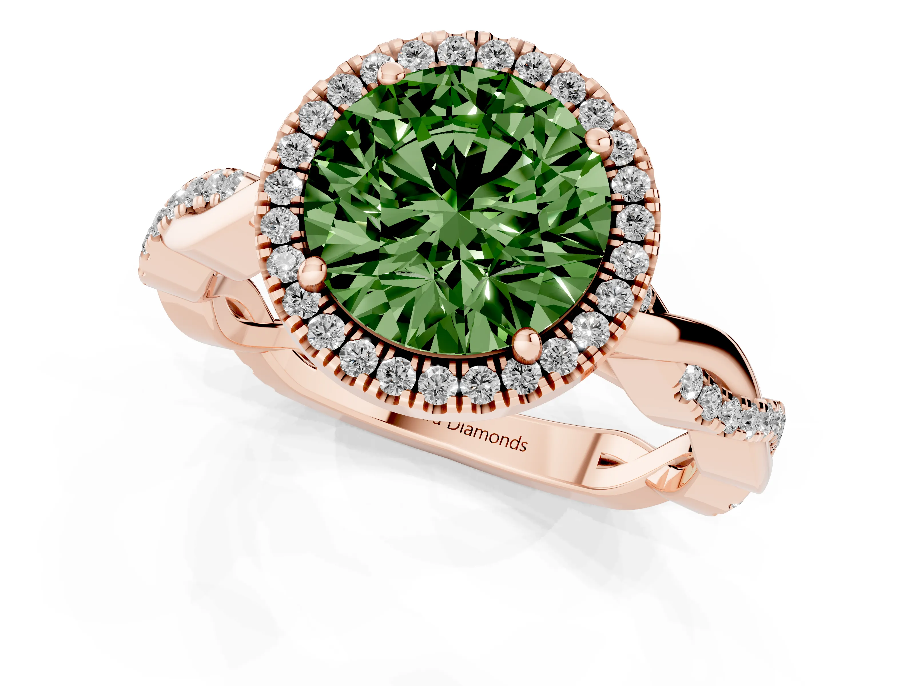 Fancy Green Round Cut Diamond Halo Twisted Band Ring Set in Rose gold with Prong Setting