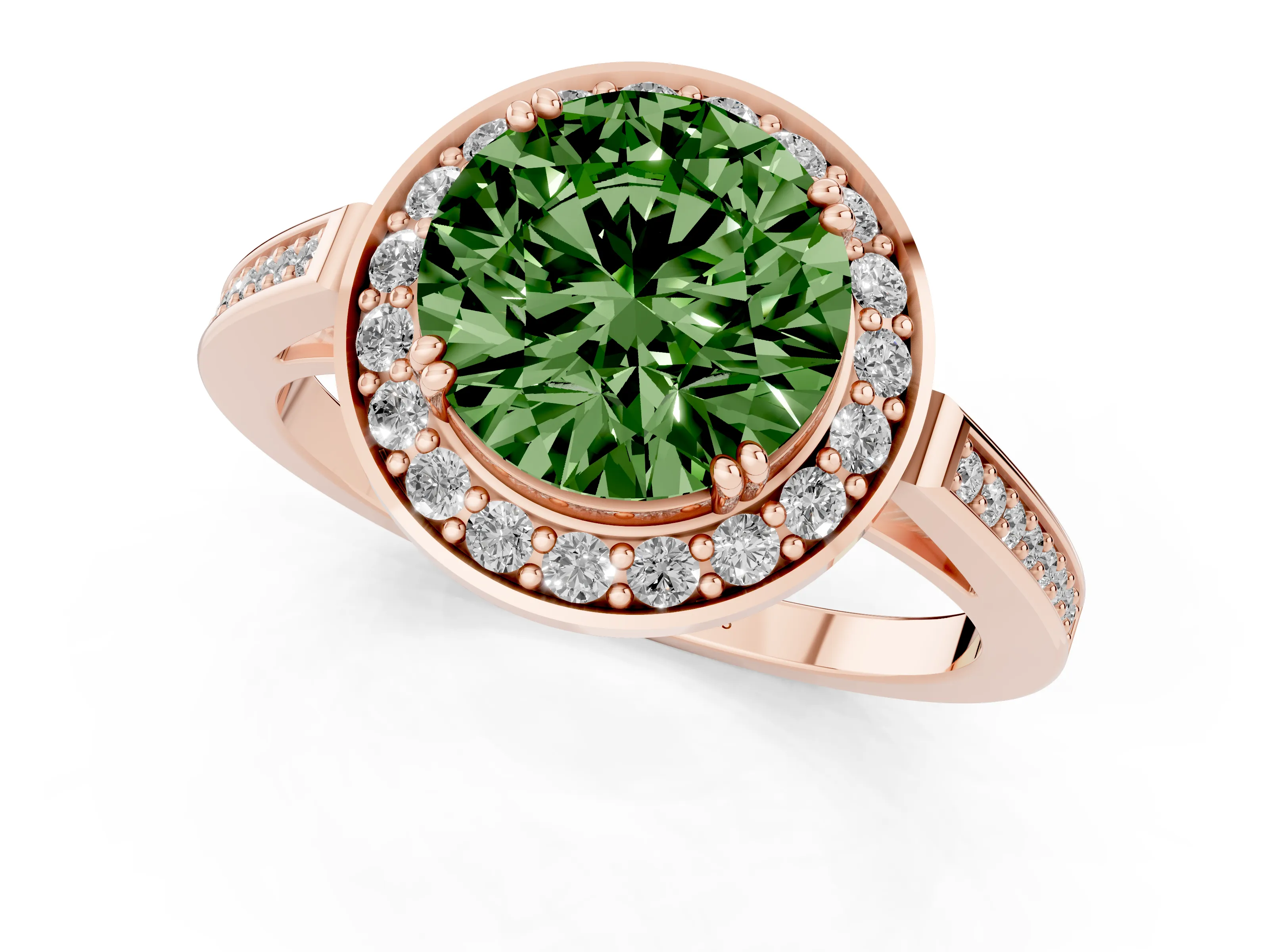 Fancy Green Round Cut Diamond Halo Ring Set in Rose gold with Accent-Lined Split Shank and Prong Setting