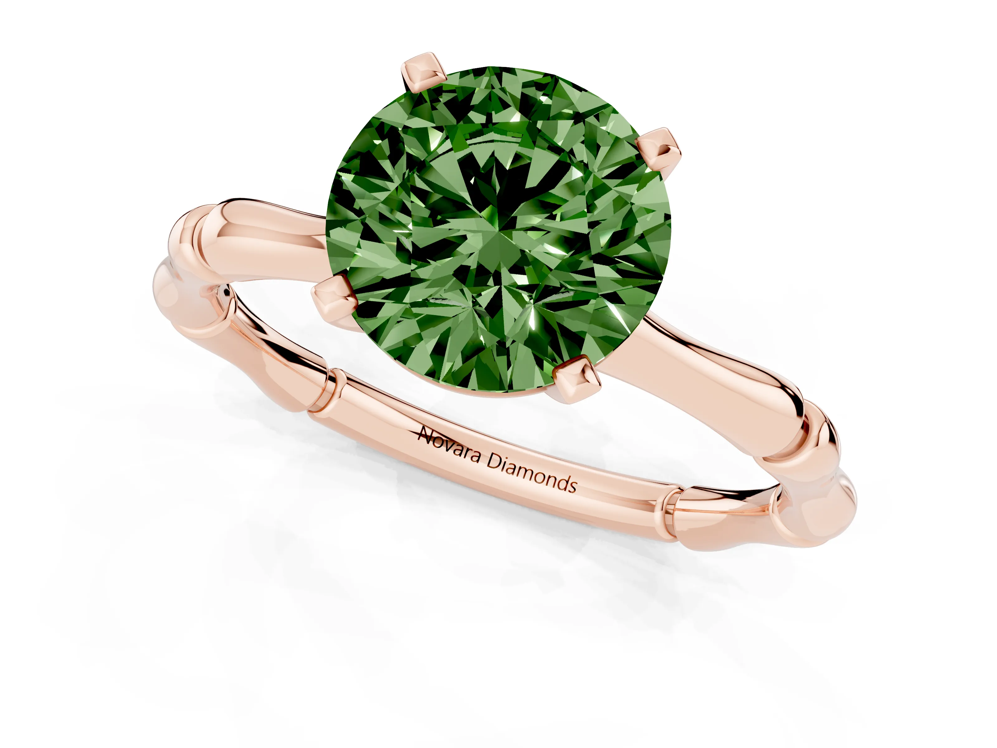 Fancy Green Round Cut Diamond Solitaire Ring Set in Rose gold with Bamboo Band and Prong Setting