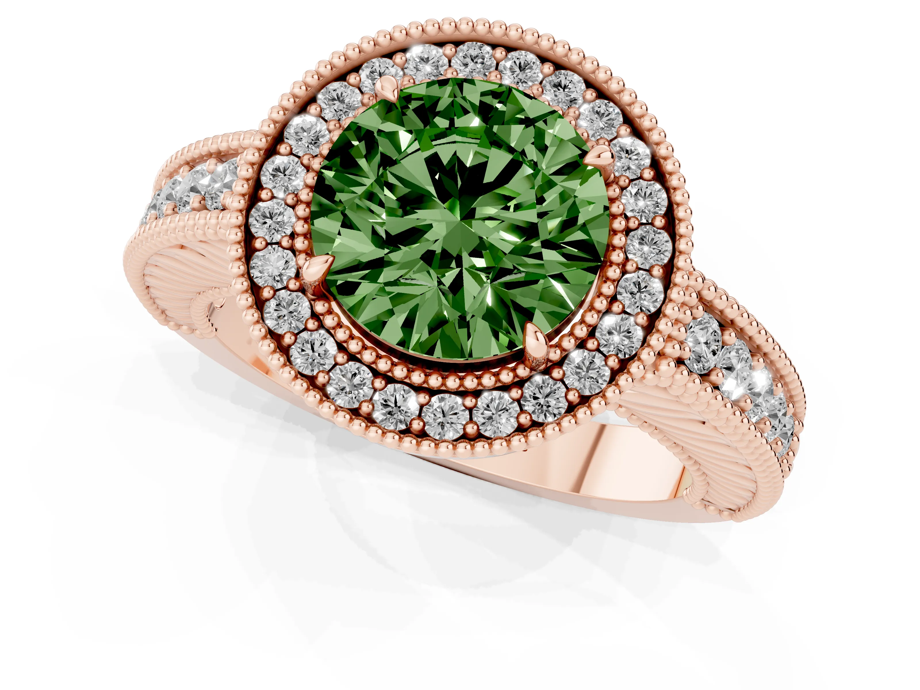 Fancy Green Round Cut Diamond Halo Ring Set in Rose gold with Round Accent Halo, Pavé Band and Prong Setting