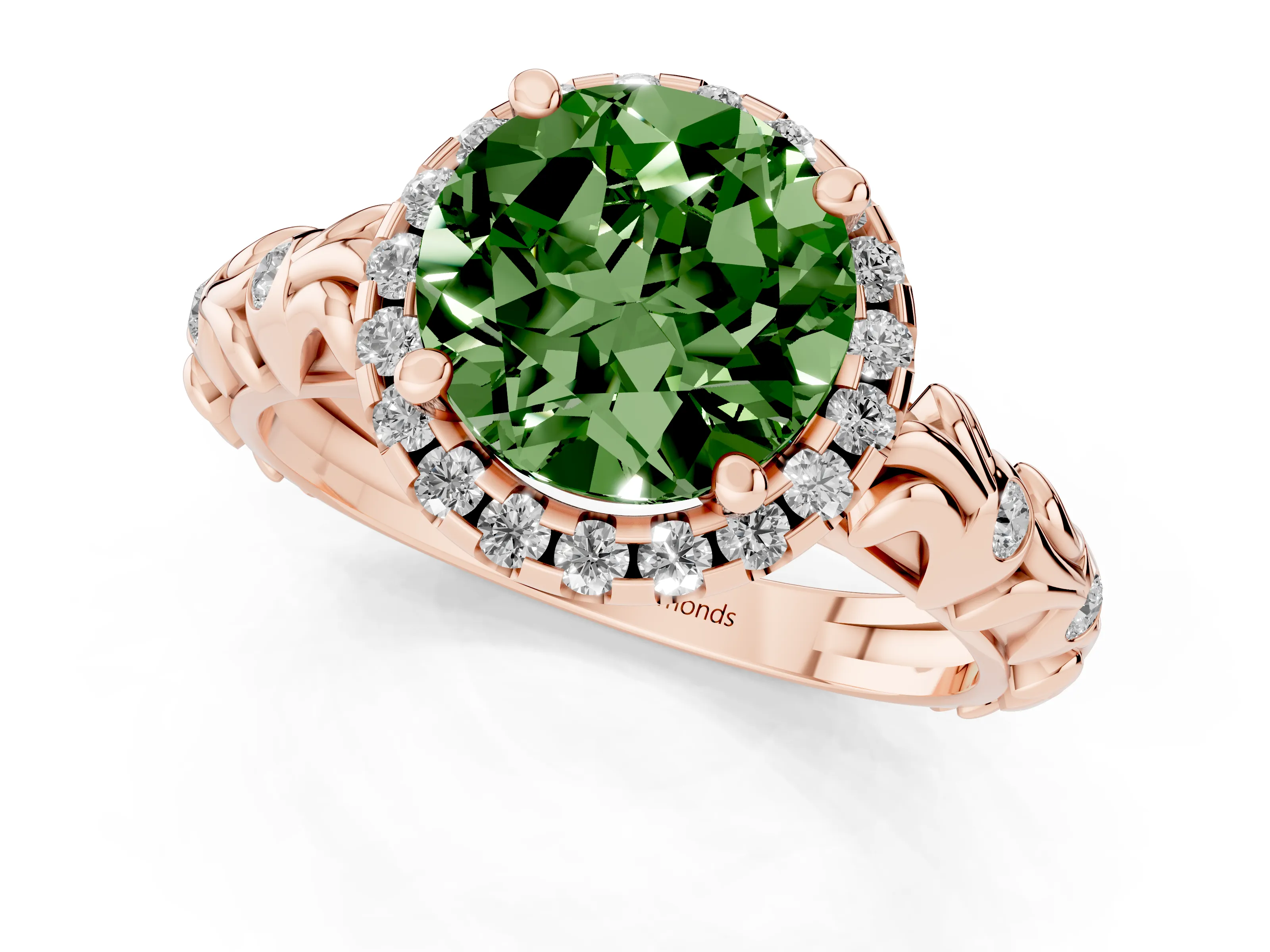 Fancy Green Round Cut Diamond Halo Ring Set in Rose gold with Filigree Leaf Band and Prong Setting
