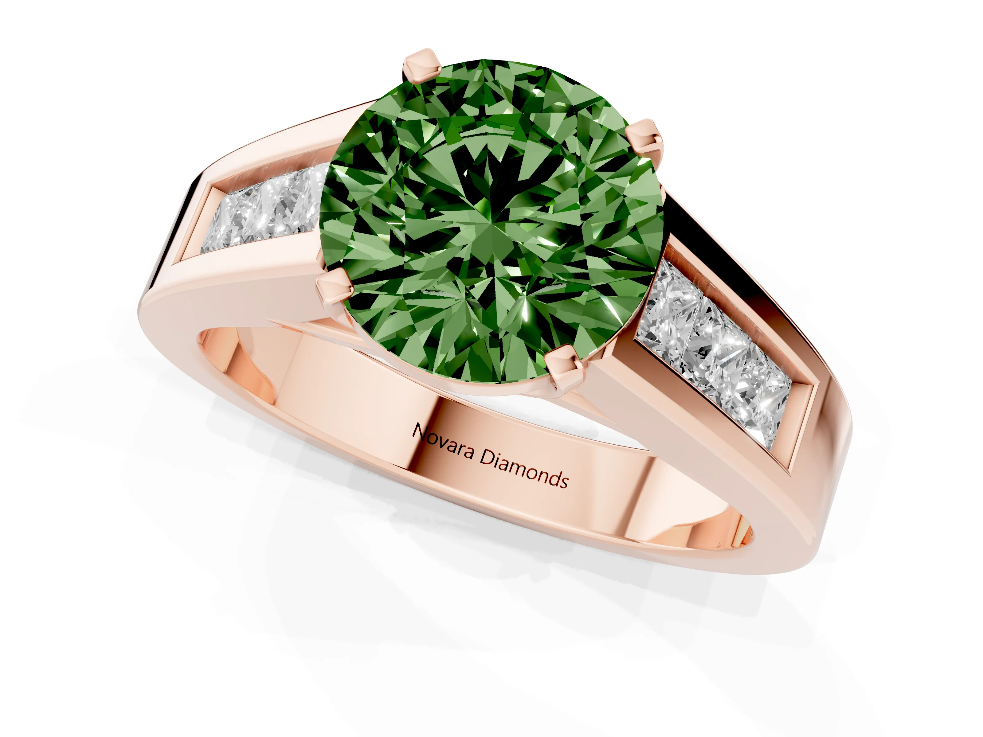 Fancy Green Round Cut Diamond Solitaire Ring Set in Rose gold with Channel-Set Accent Stones and Prong Setting