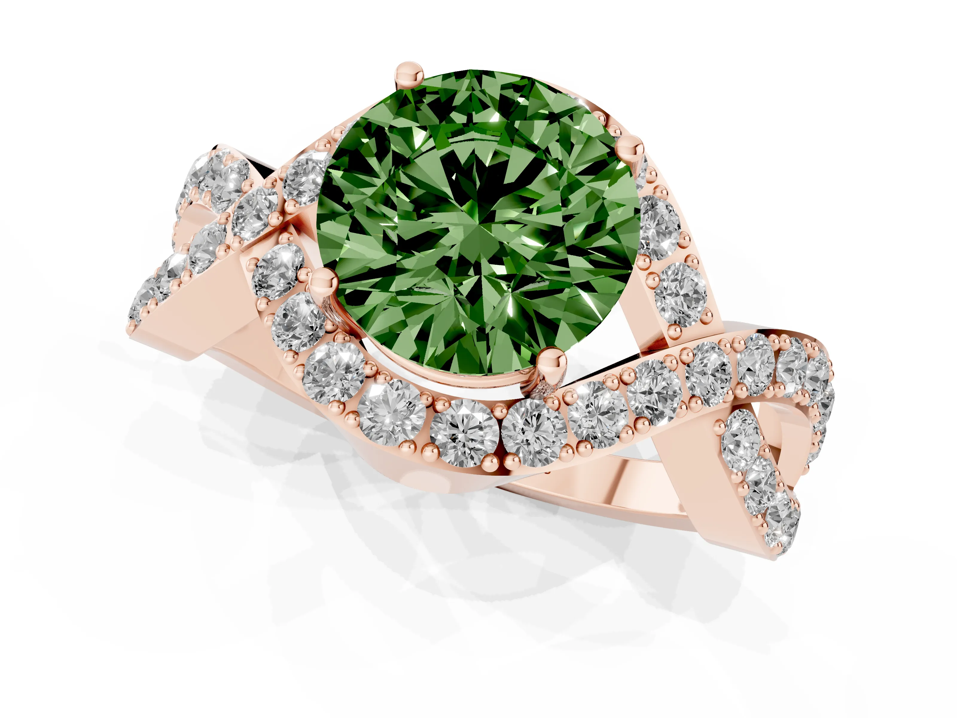 Fancy Green Round Cut Diamond Solitaire Twist Band Pavé Engagement Ring Set in Rose gold
