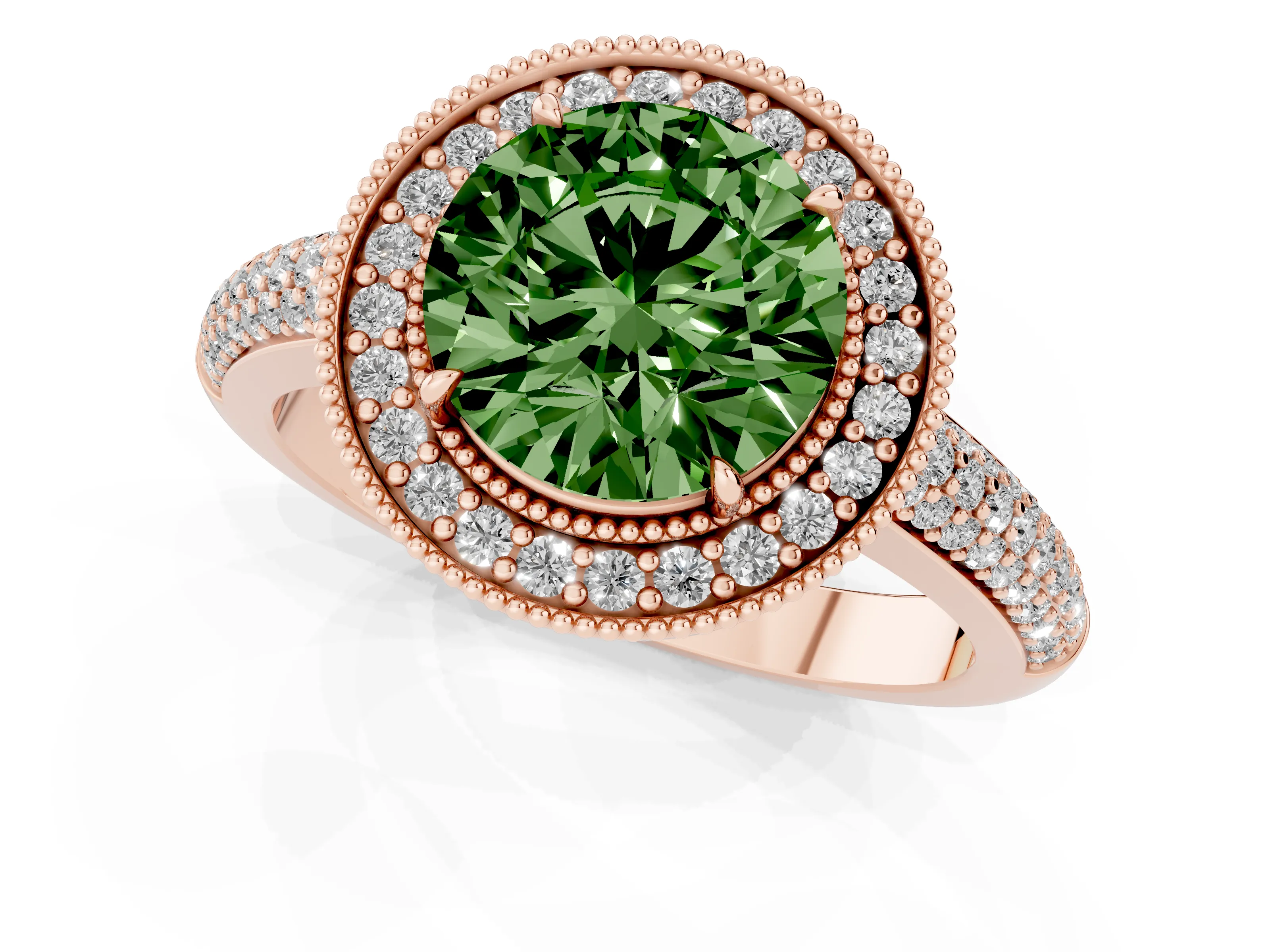 Fancy Green Round Cut Diamond Halo Pavé Band Set in Rose gold with Prong Setting