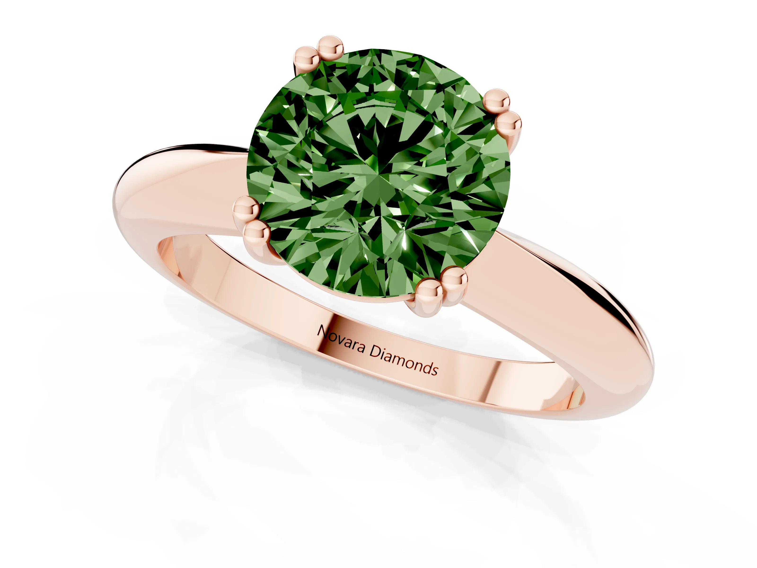 Fancy Green Round Cut Diamond Solitaire Engagement Ring Set in Rose gold with Tapered Band and Prong Setting