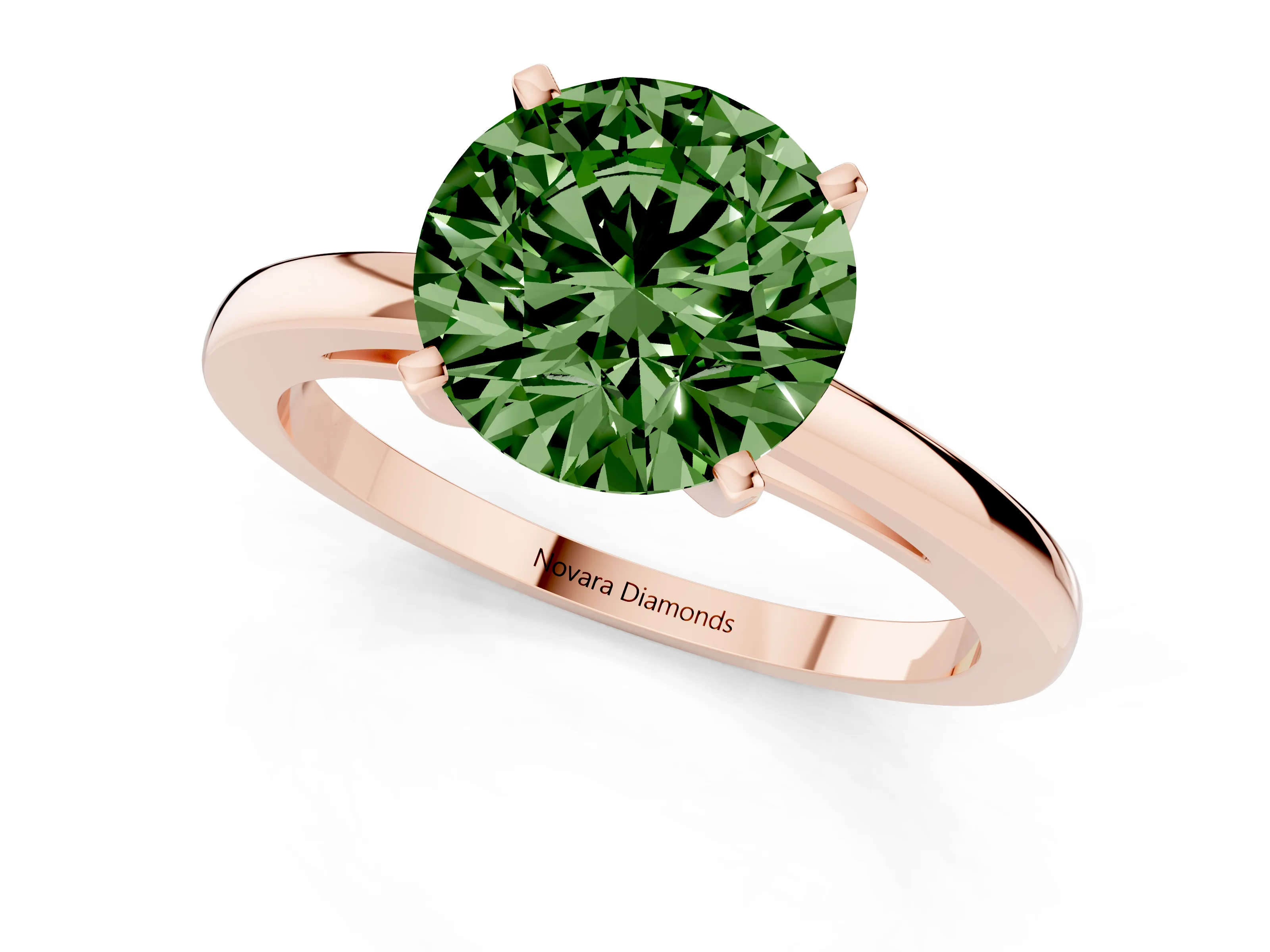 Fancy Green Round Cut Diamond Solitaire Engagement Ring Set in Rose gold with Prong Setting on a Classic Band