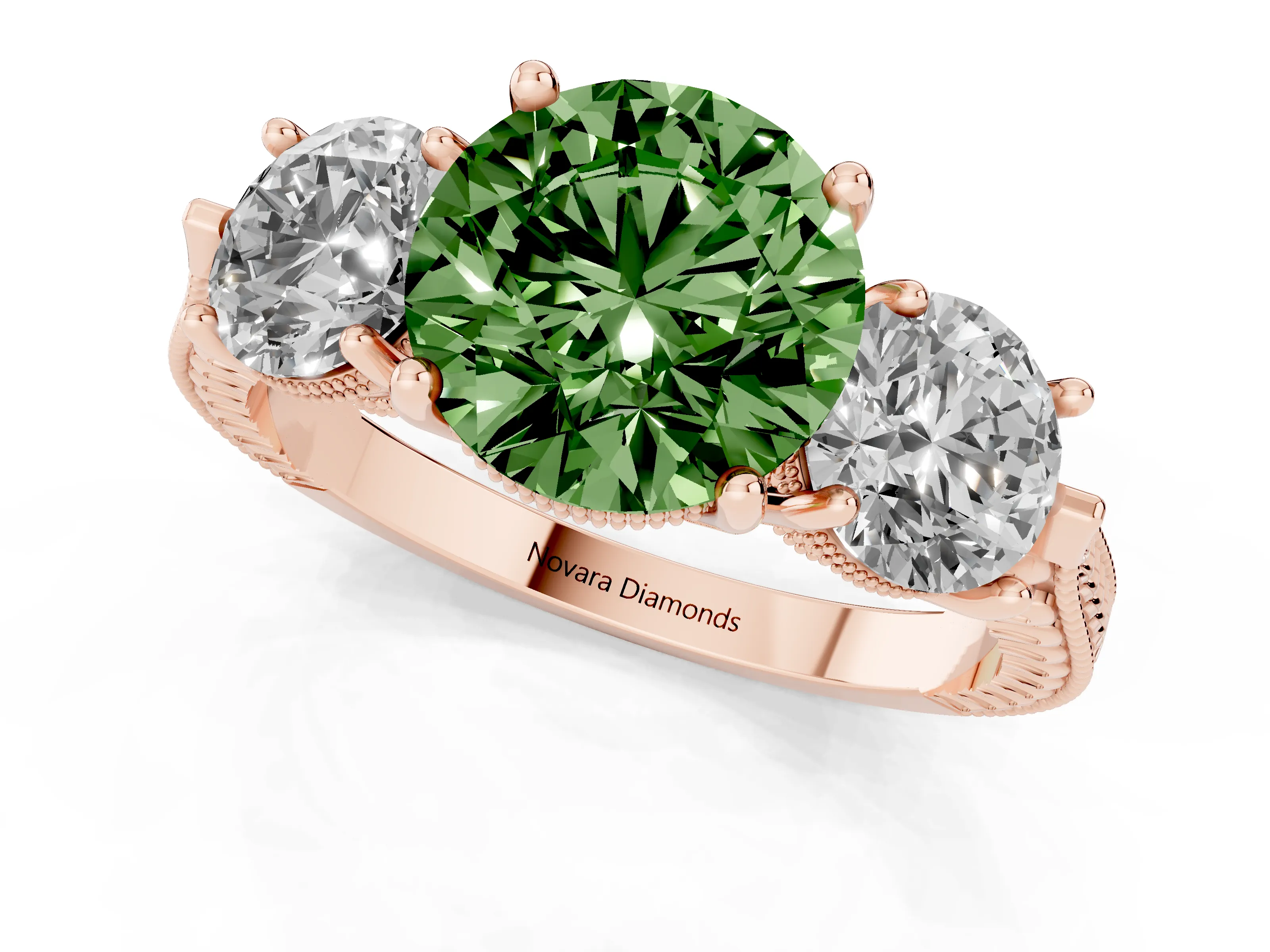 Fancy Green Round Cut Diamond Three-Stone Ring Set in Rose gold with Milgrain Band