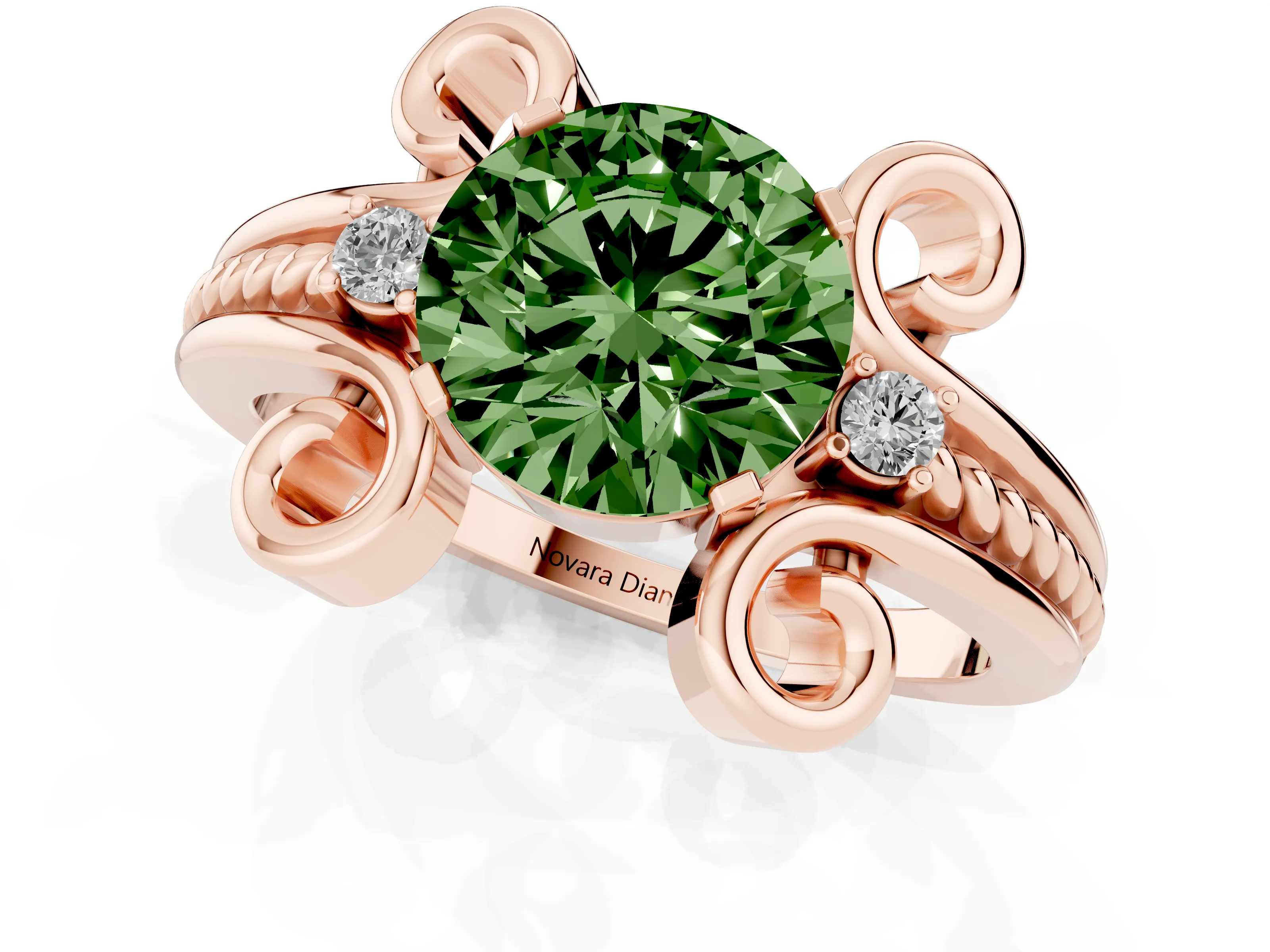 Fancy Green Round Cut Diamond Twisted Band Solitaire Ring Set in Rose gold with Scroll Prongs