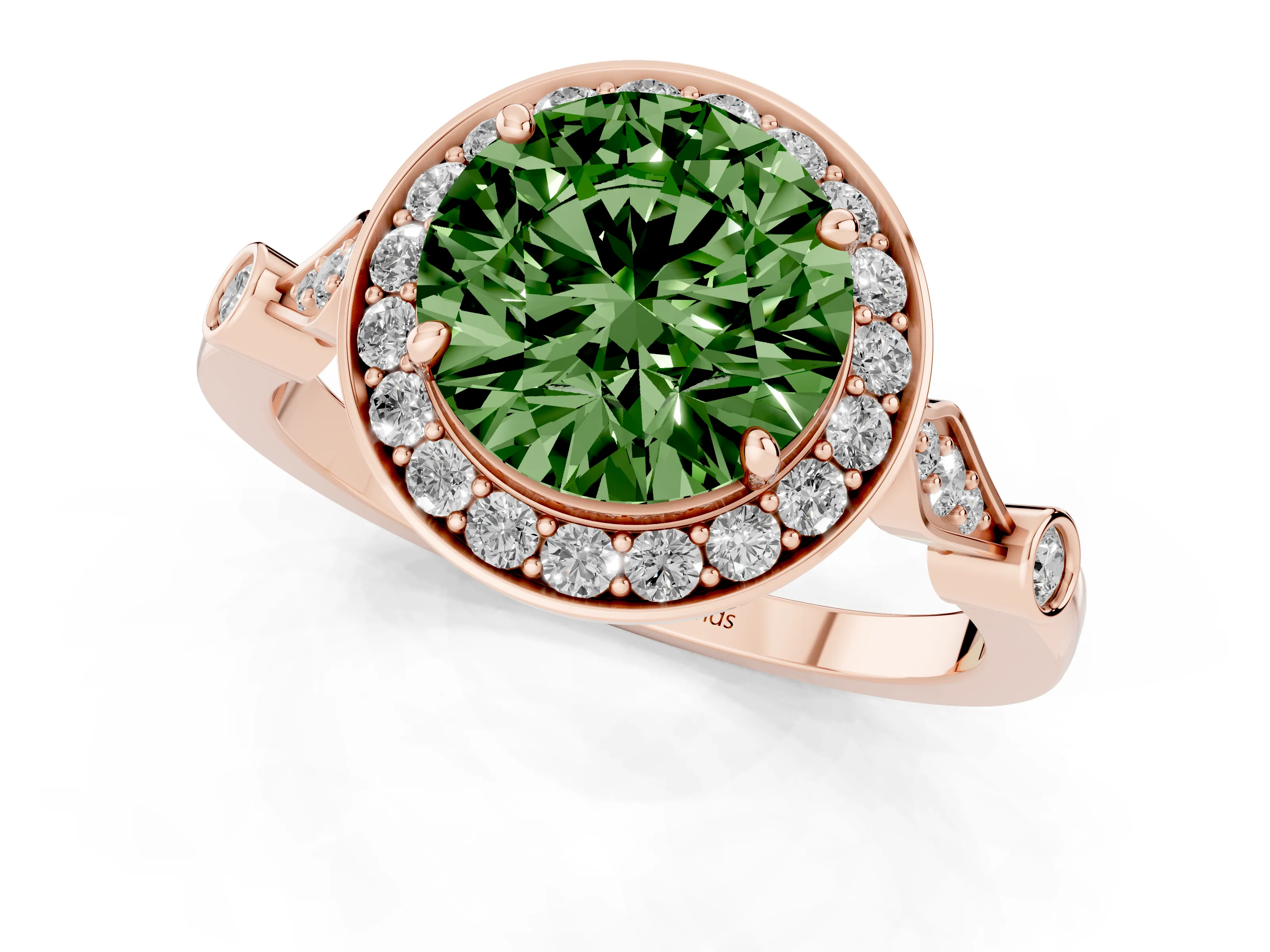 Fancy Green Round Cut Diamond Halo Engagement Ring Set in Rose gold with Twisted Band and Prong Setting