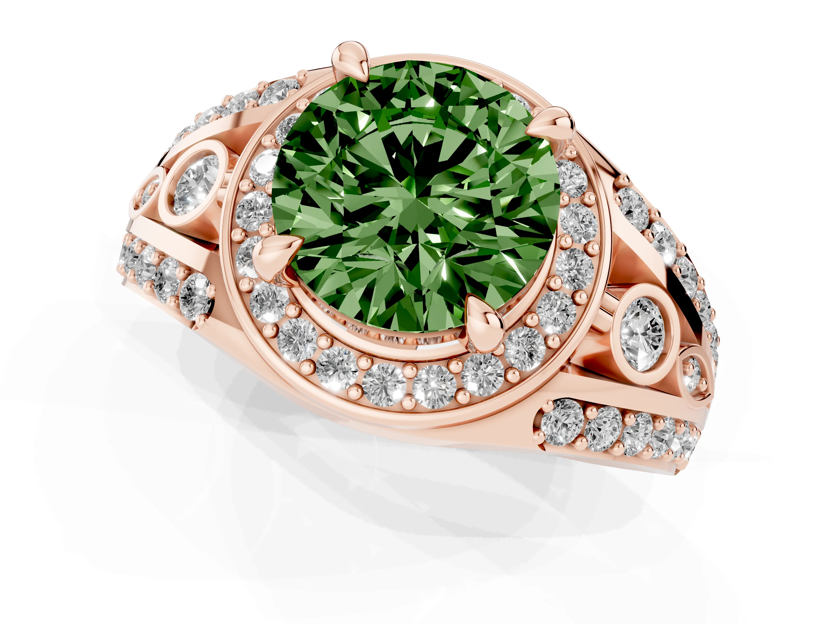 Fancy Green Round Cut Diamond Halo Ring Set in Rose gold with Pavé Split Shank and Bezel Accents