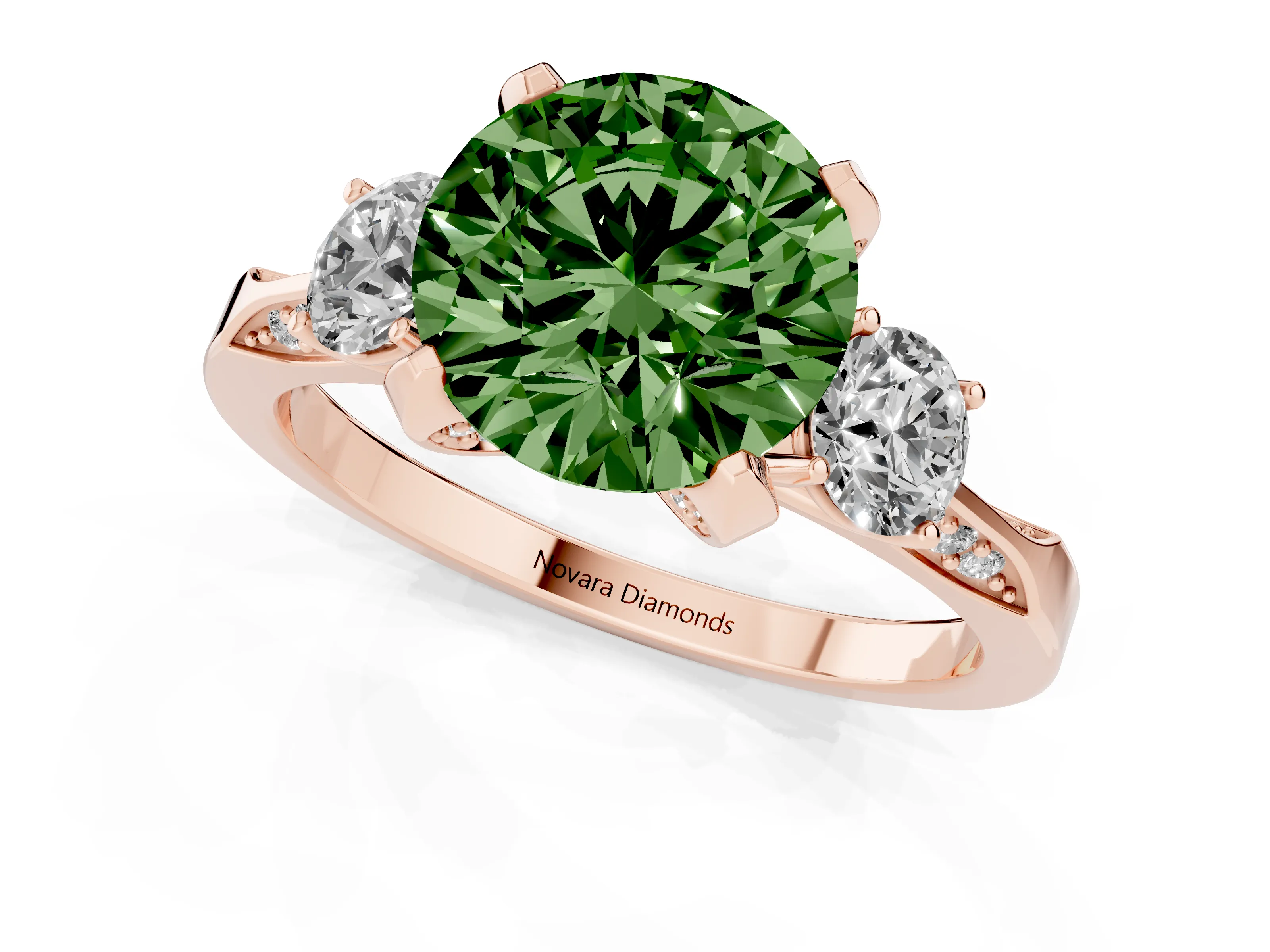 Fancy Green Round Cut Diamond Three-Stone Ring Set in Rose gold with Pavé Band and Smaller Side Stones