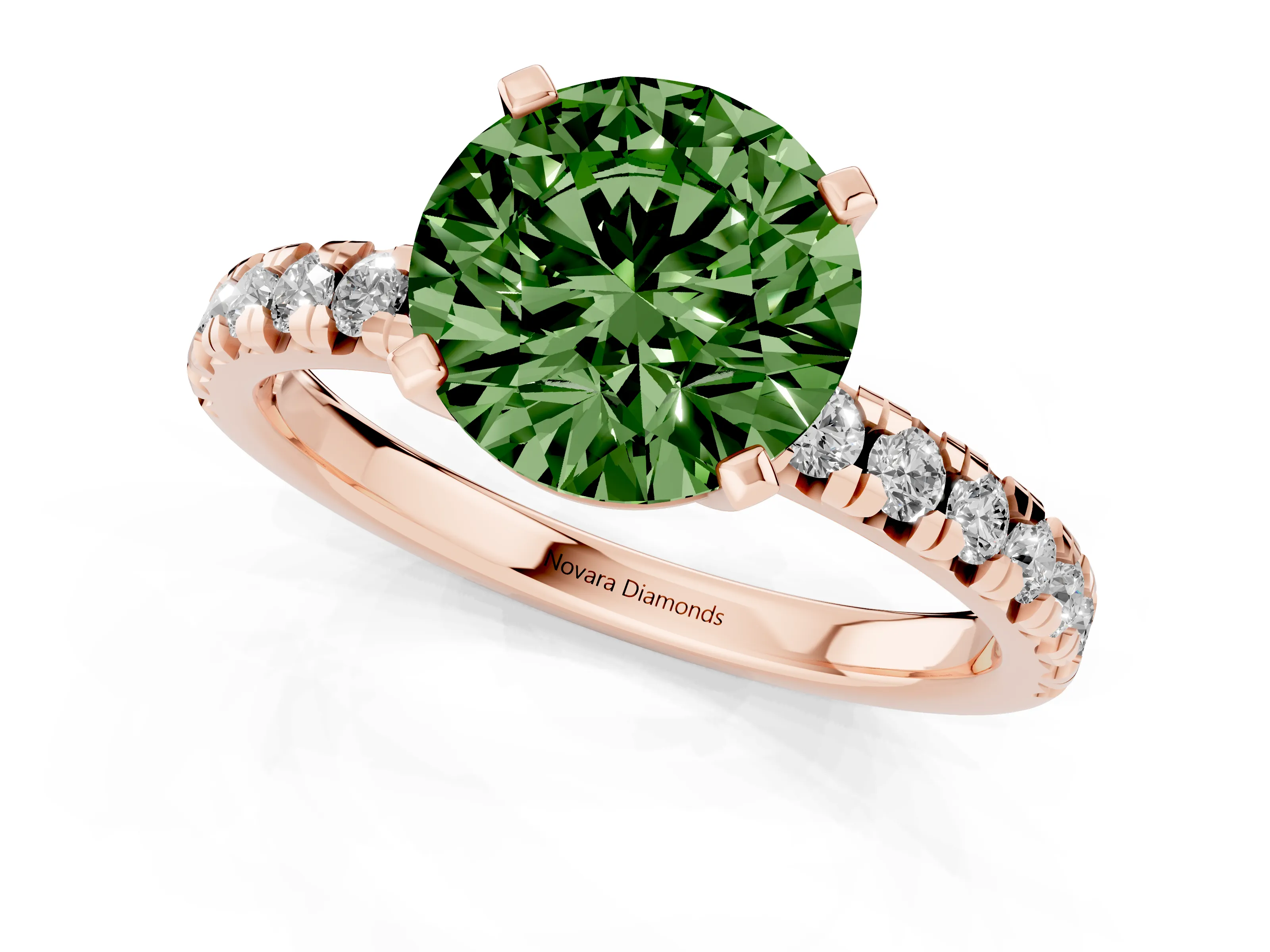 Fancy Green Round Cut Diamond Solitaire Pavé Engagement Ring Set in Rose gold with Round Band and Prong Setting