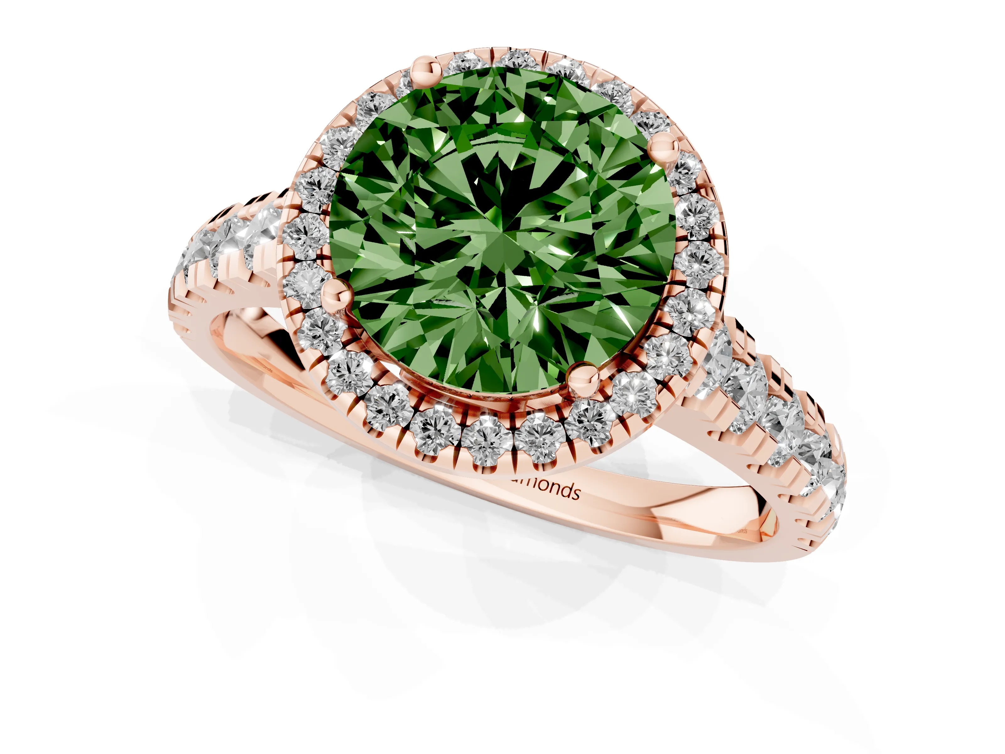 Fancy Green Round Cut Diamond Halo Engagement Ring Set in Rose gold with Pavé Band and Prong-Set Center