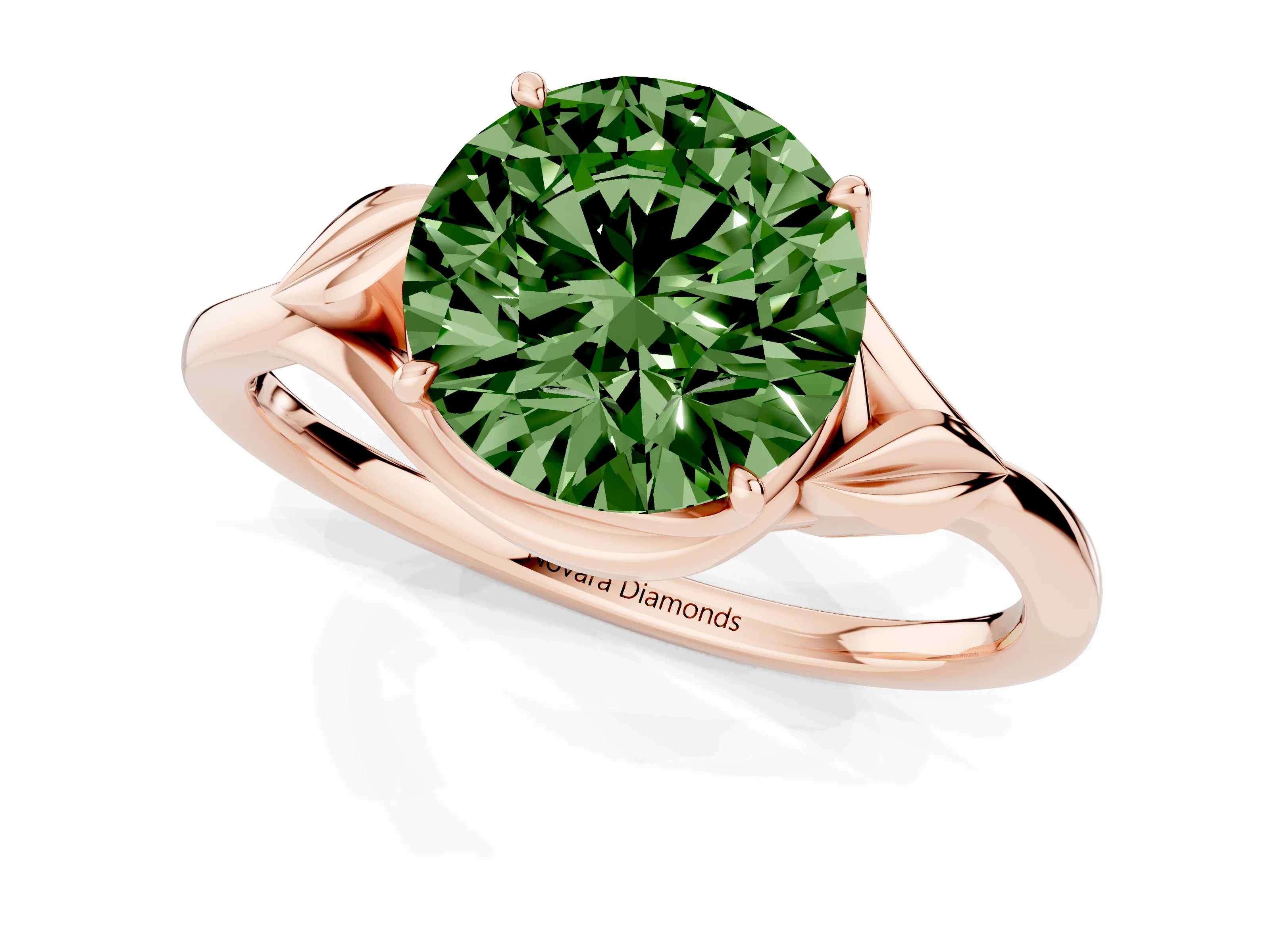 Fancy Green Round Cut Diamond Solitaire Ring Set in Rose gold with Polished Twist Band