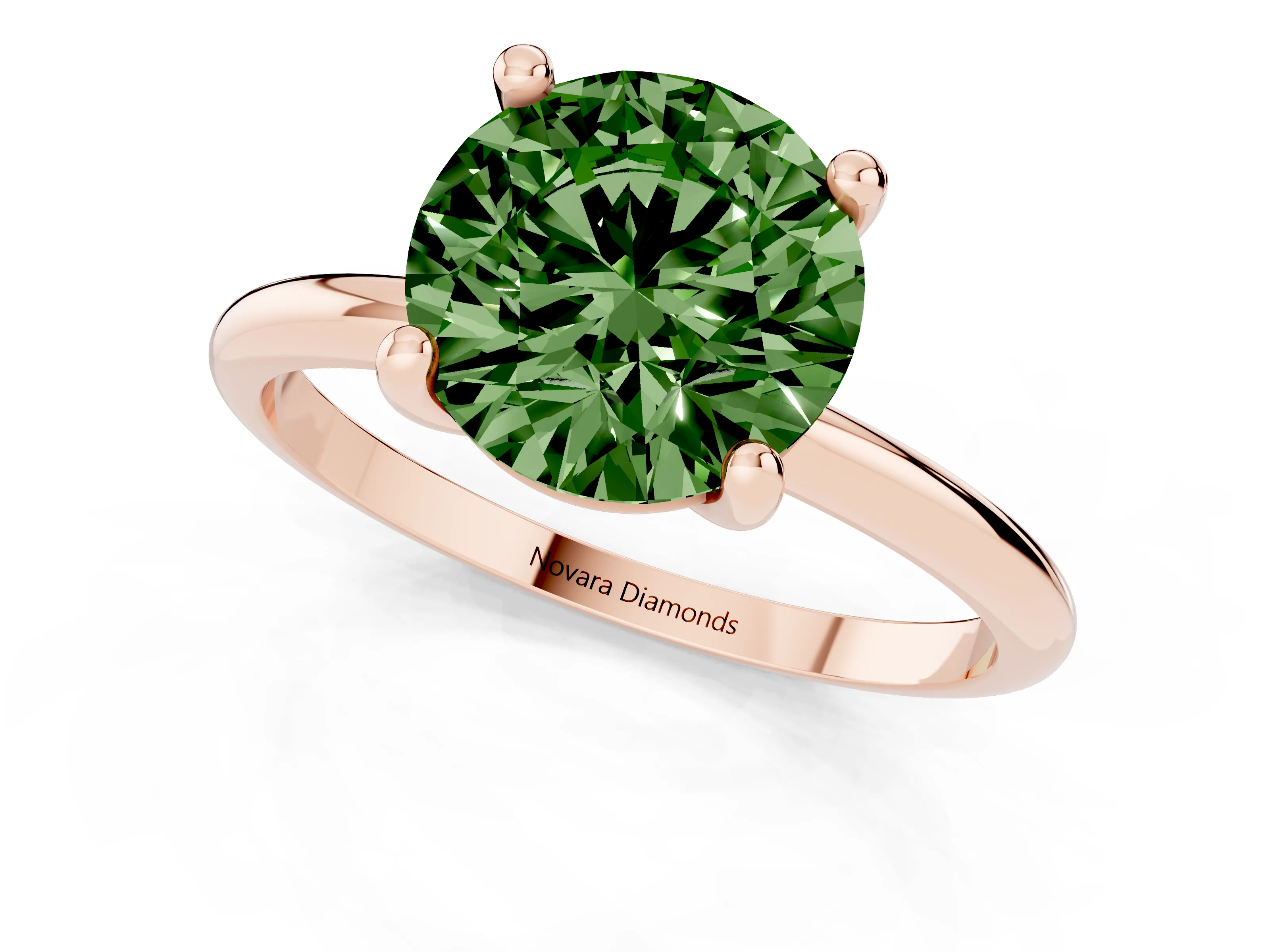 Fancy Green Round Cut Diamond Solitaire Ring Set in Rose gold with Secure Prong Setting on a Classic Band