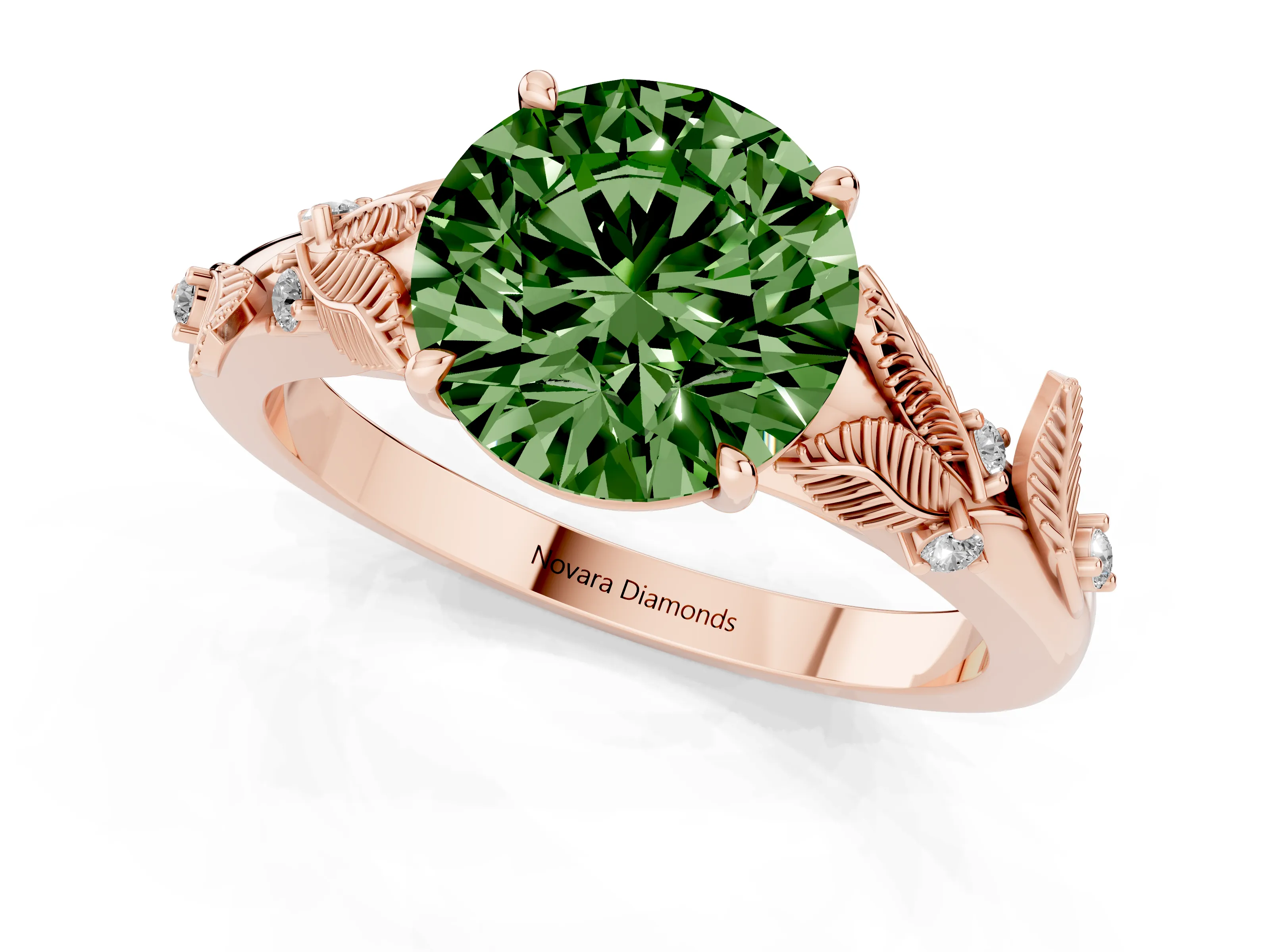 Fancy Green Round Cut Diamond Solitaire Ring Set in Rose gold with Leaf Motif Band