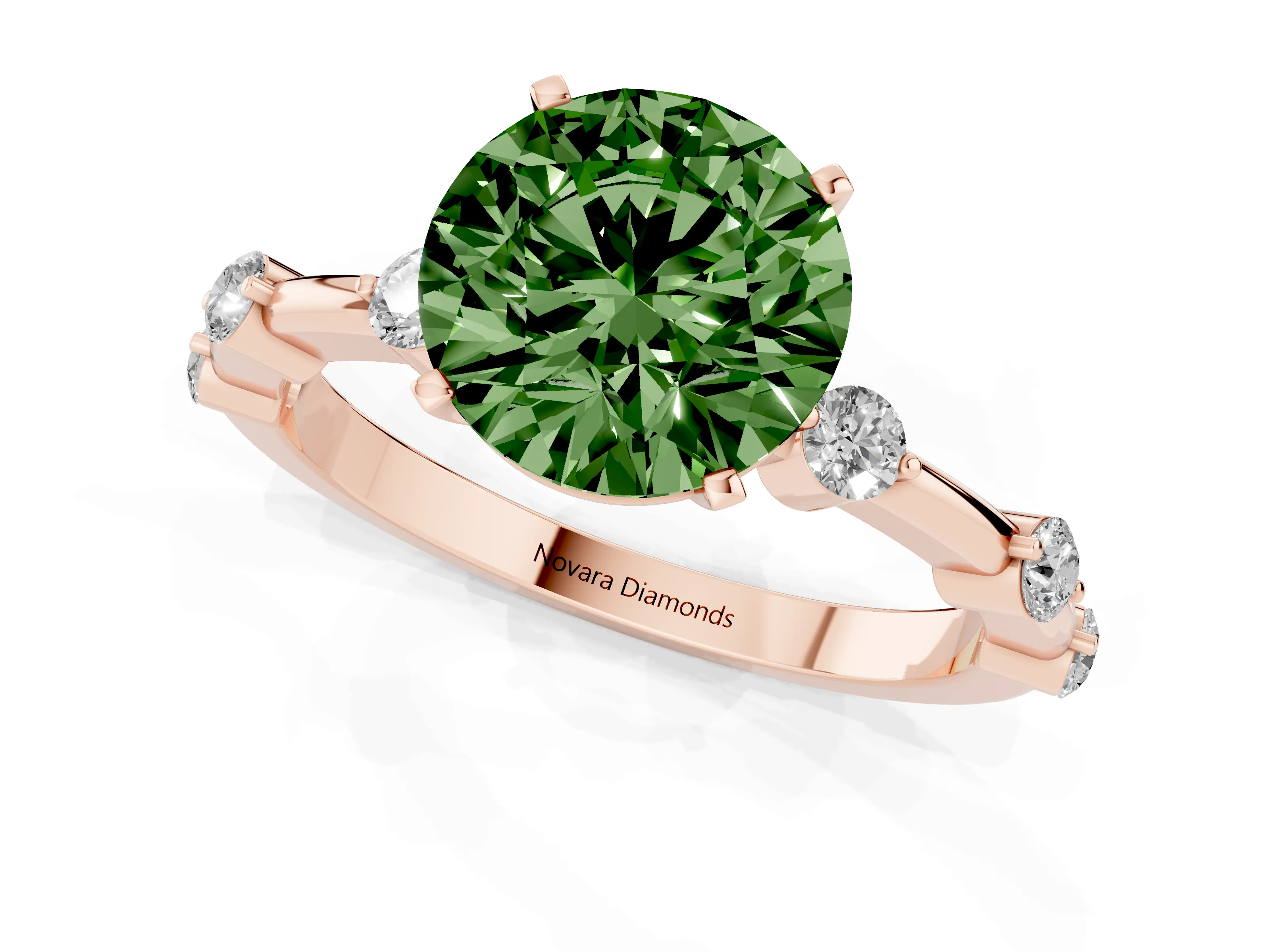 Fancy Green Round Cut Diamond Solitaire Ring Set in Rose gold with Bezel Set Side Stones and Prong Setting