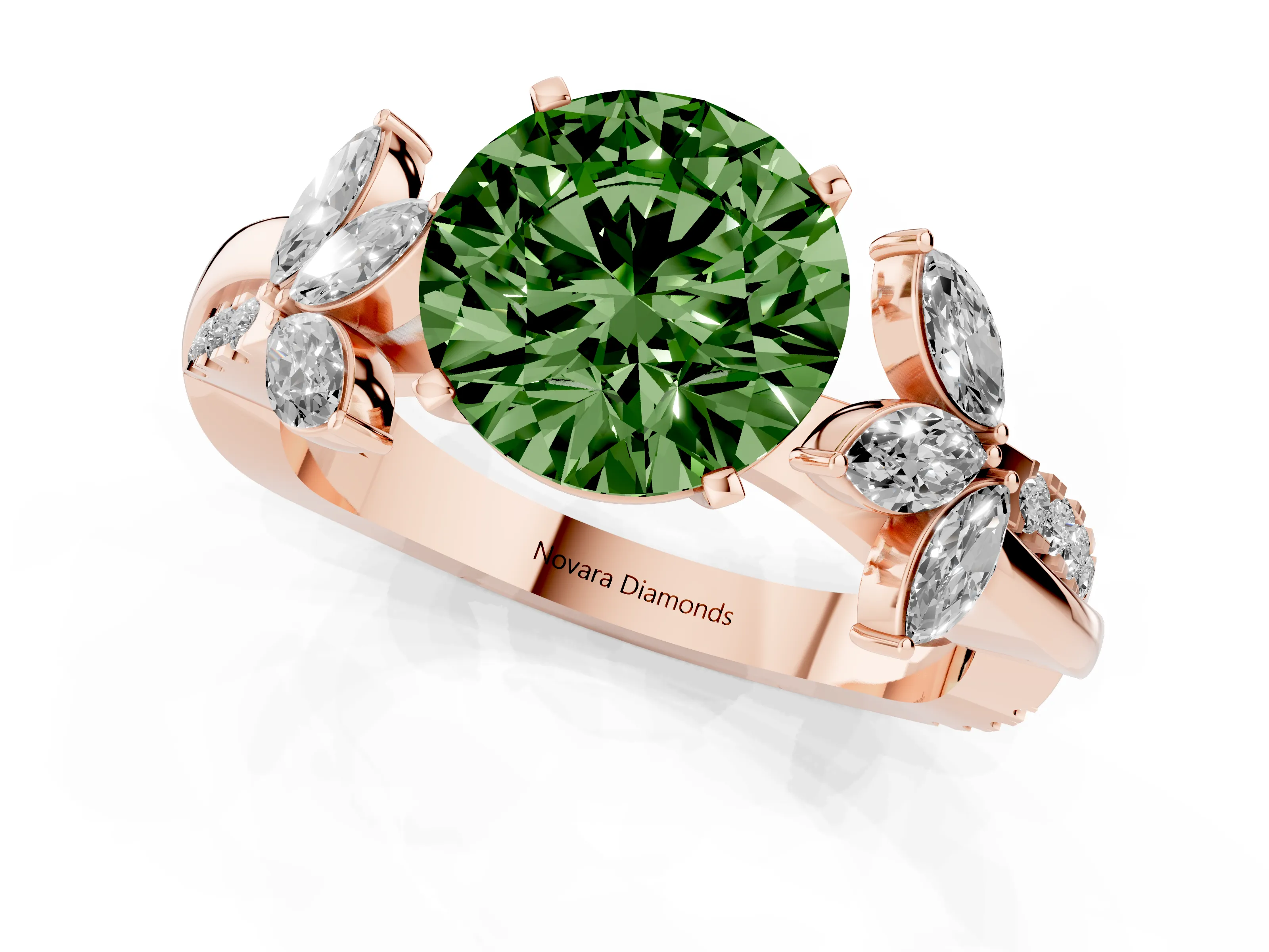 Fancy Green Round Cut Diamond Floral Vine Solitaire Engagement Ring Set in Rose gold with Marquise Leaves