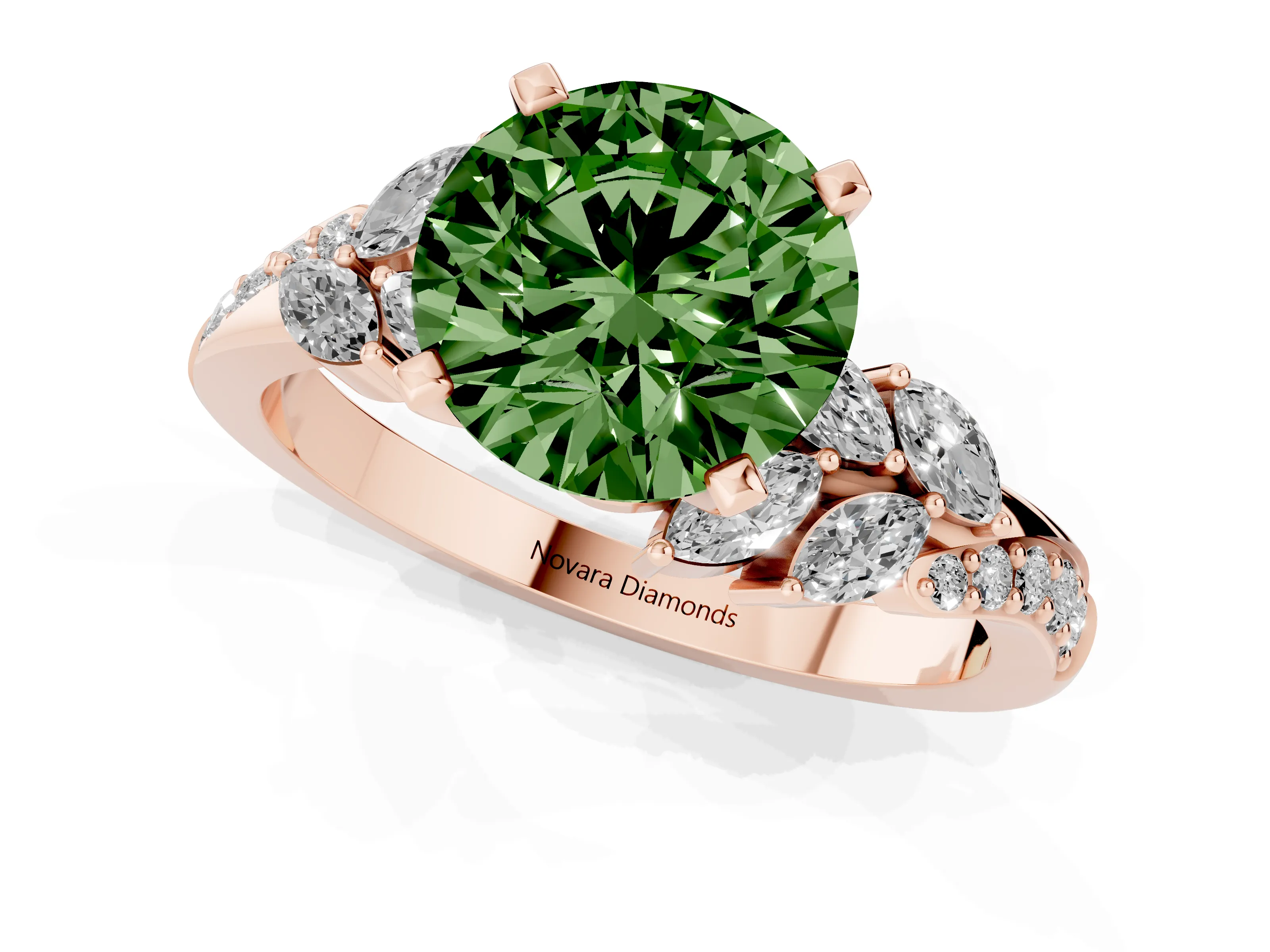 Fancy Green Round Cut Diamond Solitaire Ring Set in Rose gold with Marquise Twist Band and Prong Setting
