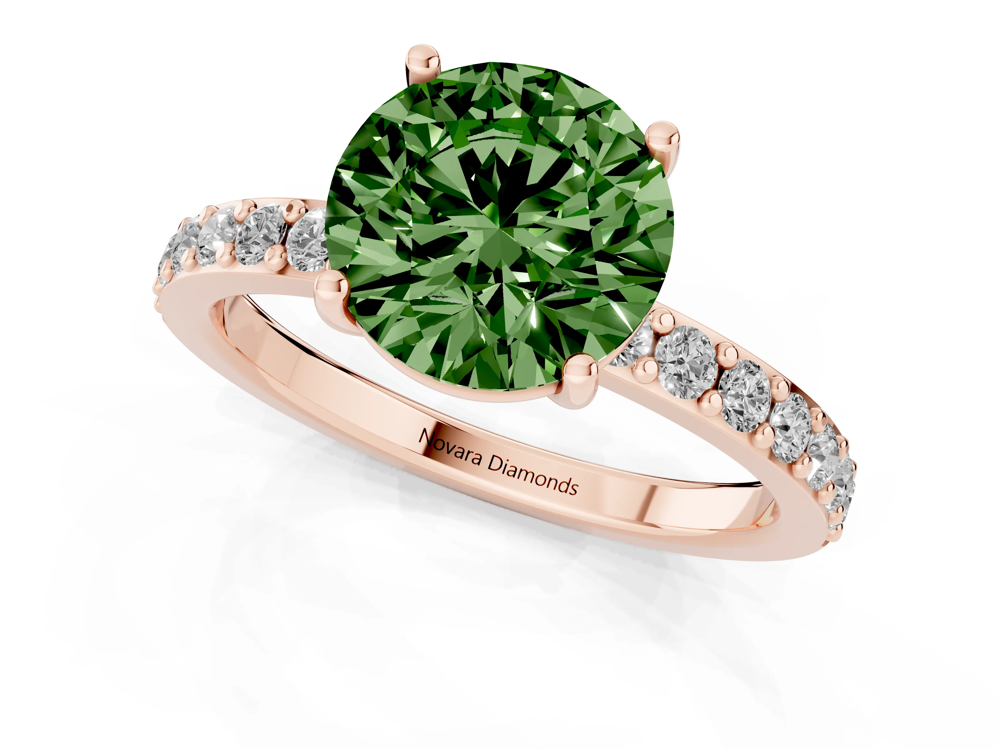 Fancy Green Round Cut Diamond Solitaire Set in Rose gold with Round Pavé Band and Prong Setting