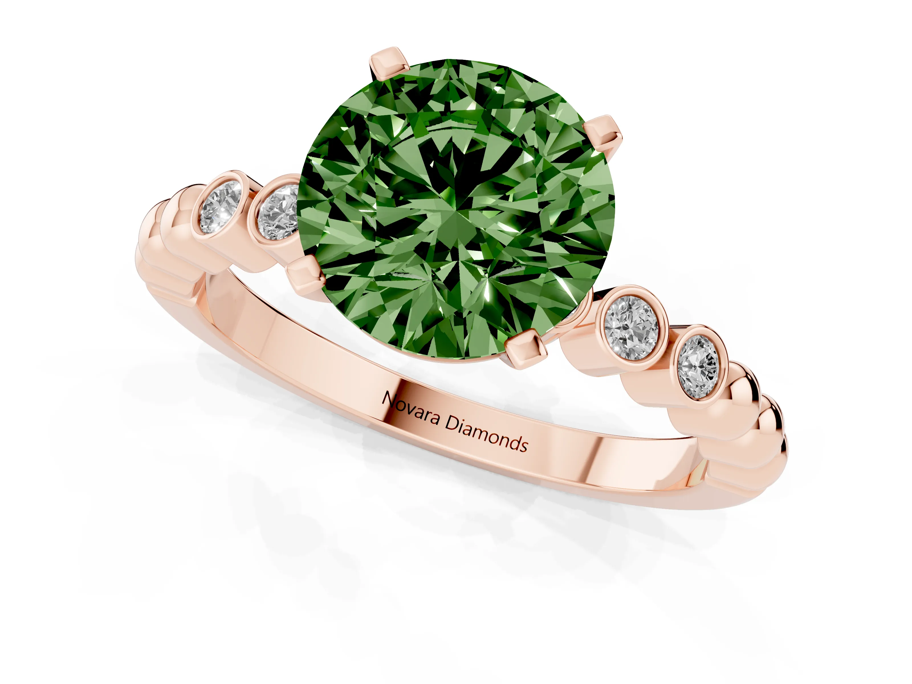 Fancy Green Round Cut Diamond Solitaire Engagement Ring Set in Rose gold with Bezel Accents on Beaded Band – second view