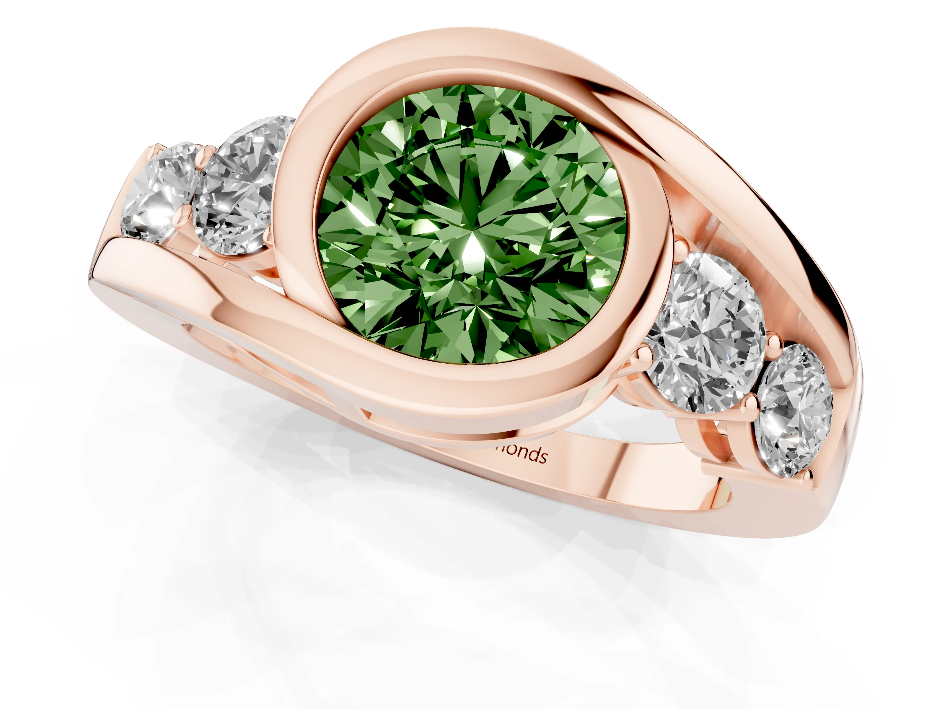 Fancy Green Round Cut Diamond Bezel Bypass Ring Set in Rose gold with Round Accents