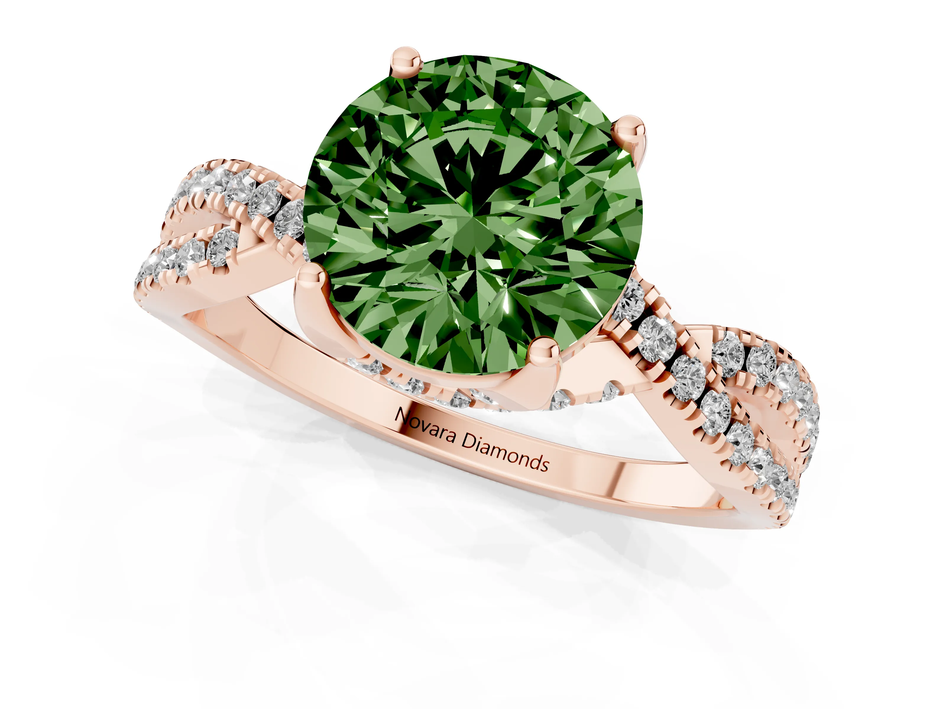 Fancy Green Round Cut Diamond Twist Pavé Solitaire Engagement Ring Set in Rose gold with Prong Setting