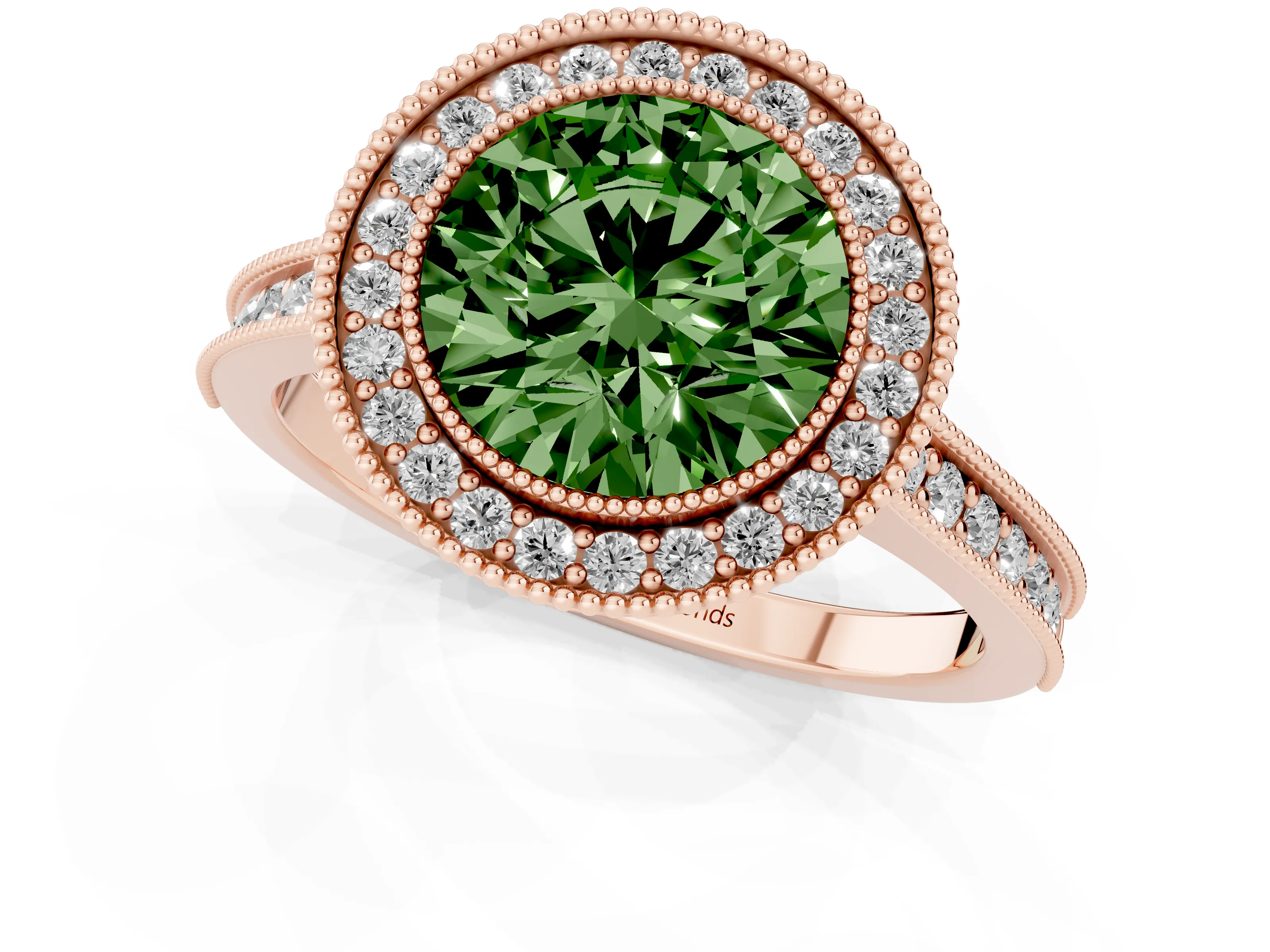 Fancy Green Round Cut Diamond Halo Milgrain Pavé Band Ring Set in Rose gold with Prong Setting