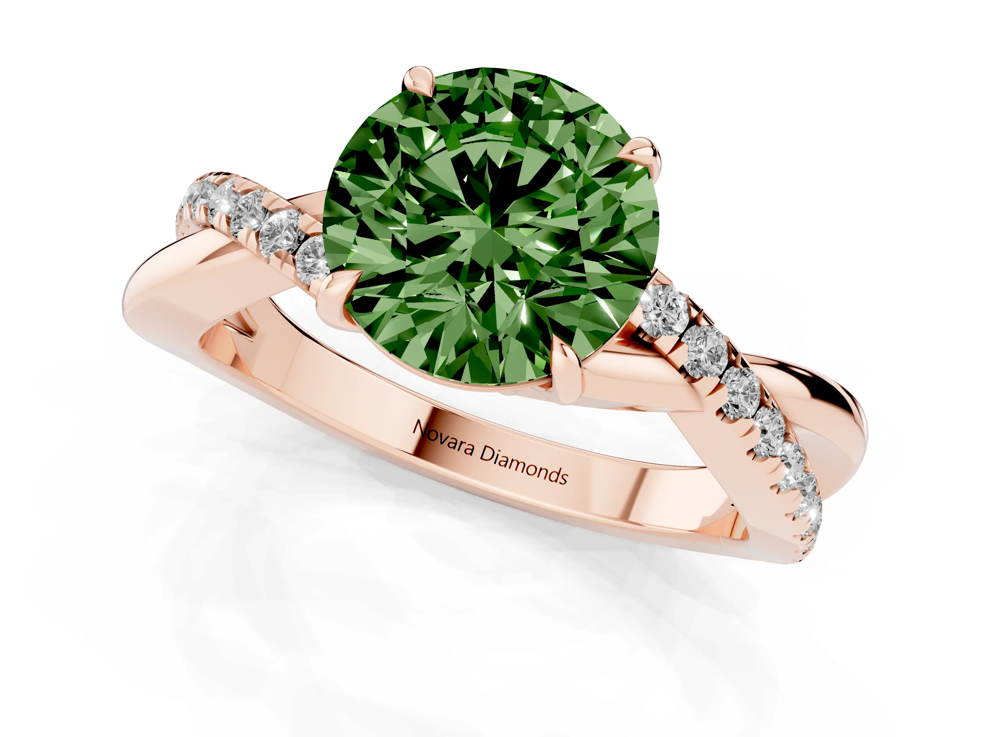 Fancy Green Round Cut Diamond Twisted Pavé Band Ring Set in Rose gold with Prong Setting