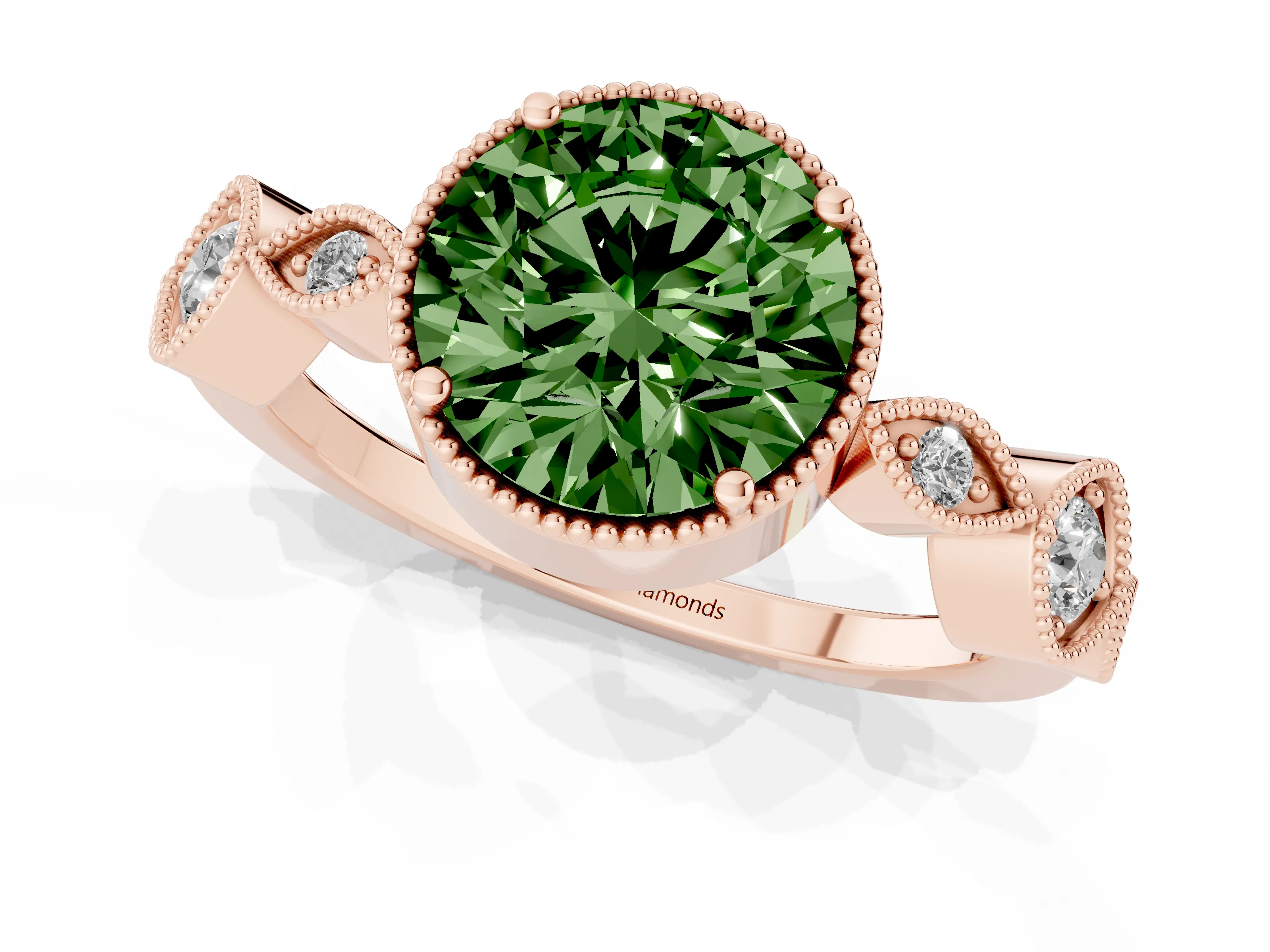 Fancy Green Round Cut Diamond Vintage-Inspired Milgrain Ring Set in Rose gold with Marquise Stations of Round Accents