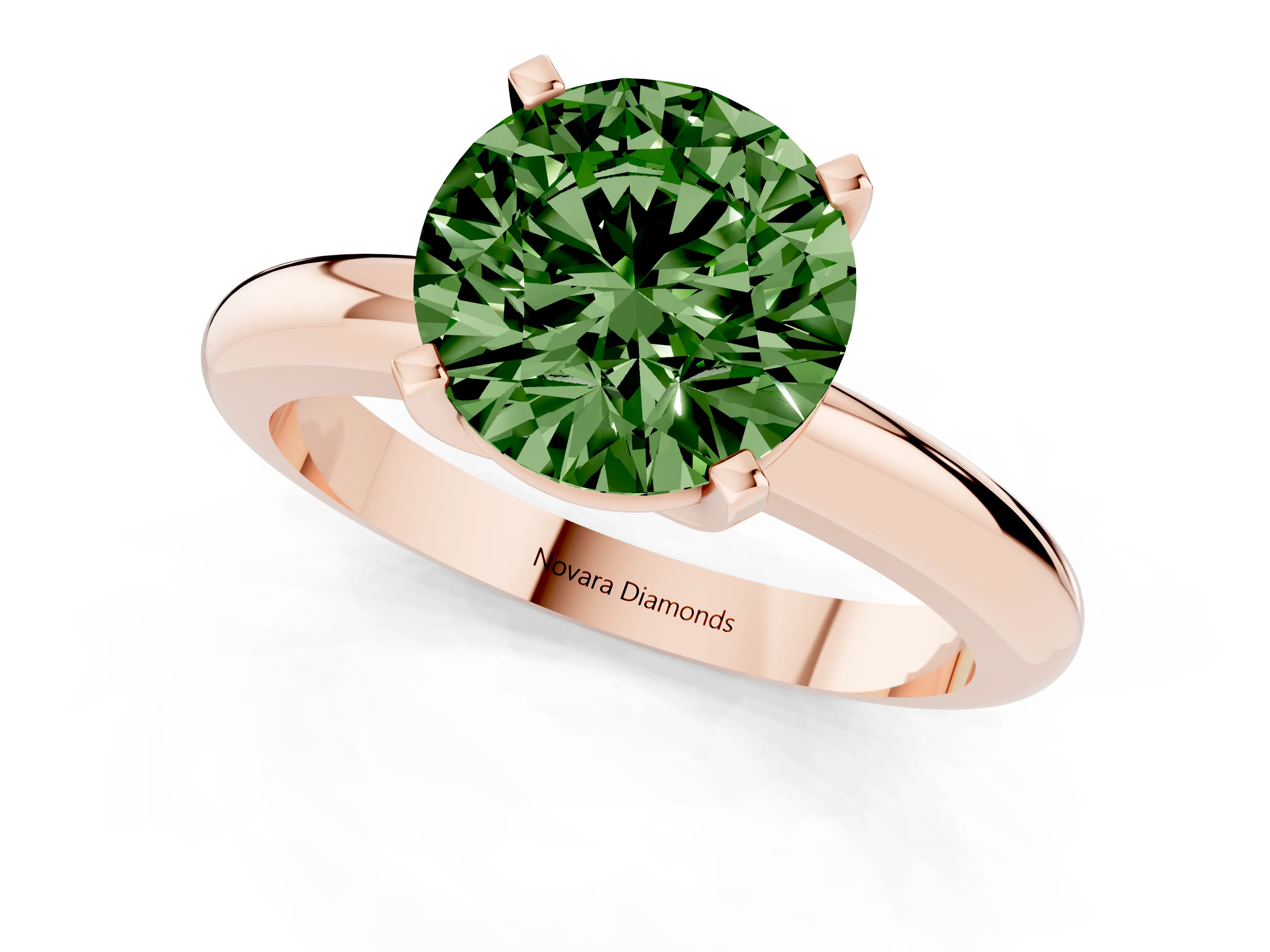 Fancy Green Round Cut Diamond Solitaire Engagement Ring Set in Rose gold with Round Band and Prong Setting