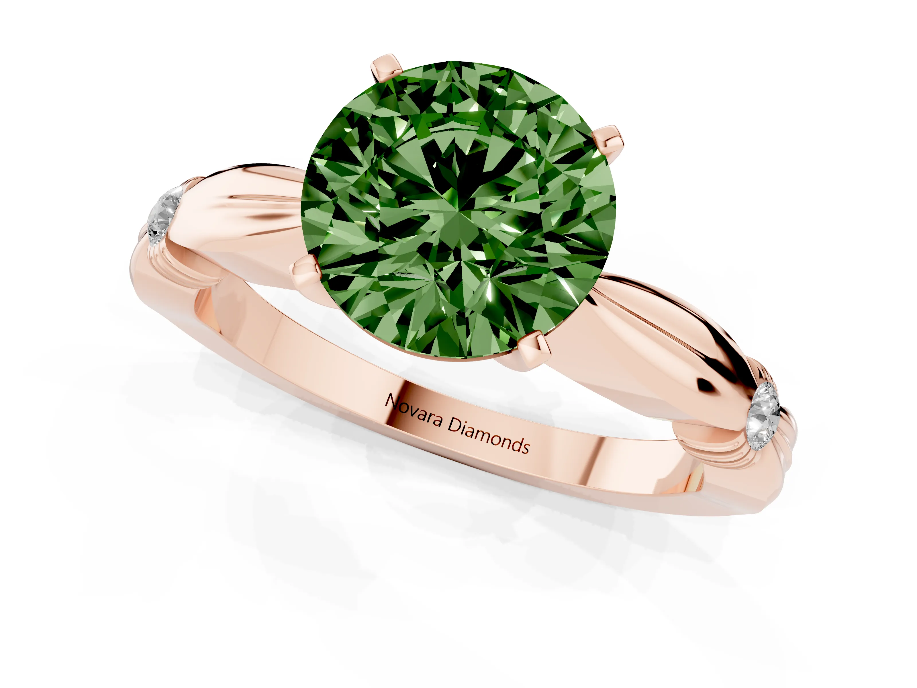 Fancy Green Round Cut Diamond Solitaire Twisted Band Ring Set in Rose gold with Accent Stones and Prong Setting