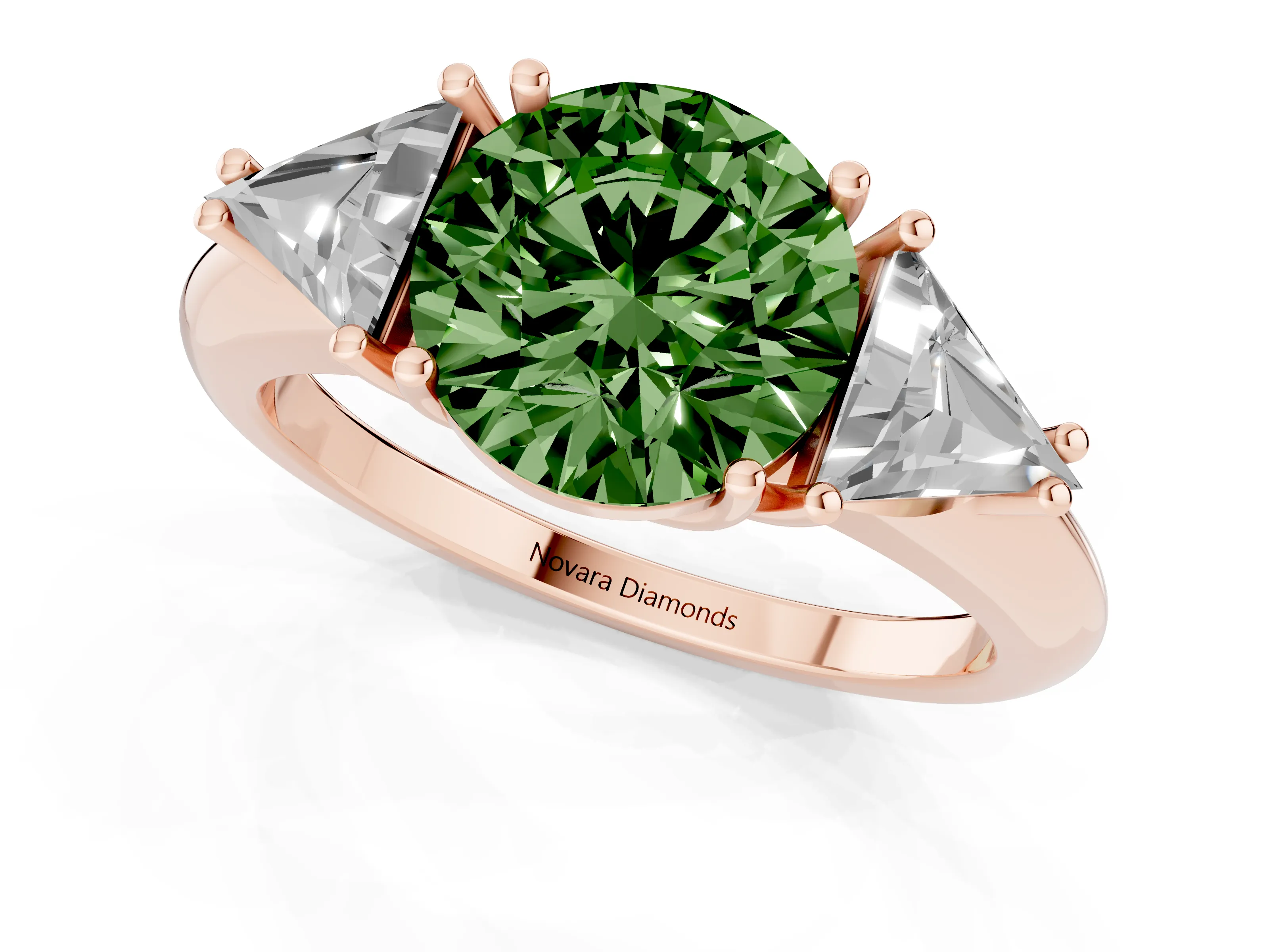 Fancy Green Round Cut Diamond Three-Stone Engagement Ring Set in Rose gold with Trillion Side Stones