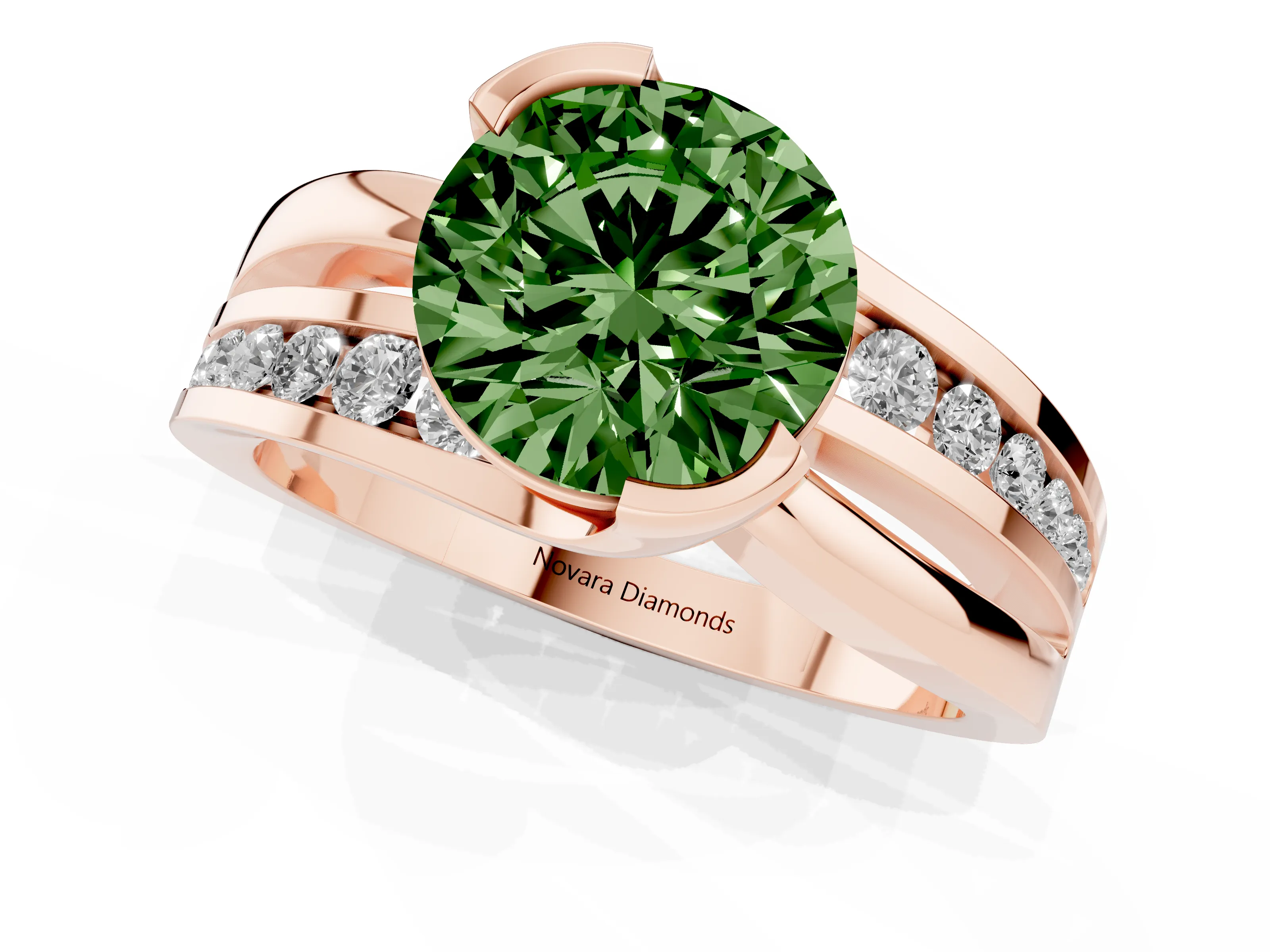 Fancy Green Round Cut Diamond Solitaire Ring Set in Rose gold with Channel Set Split Shank and Tension Prongs