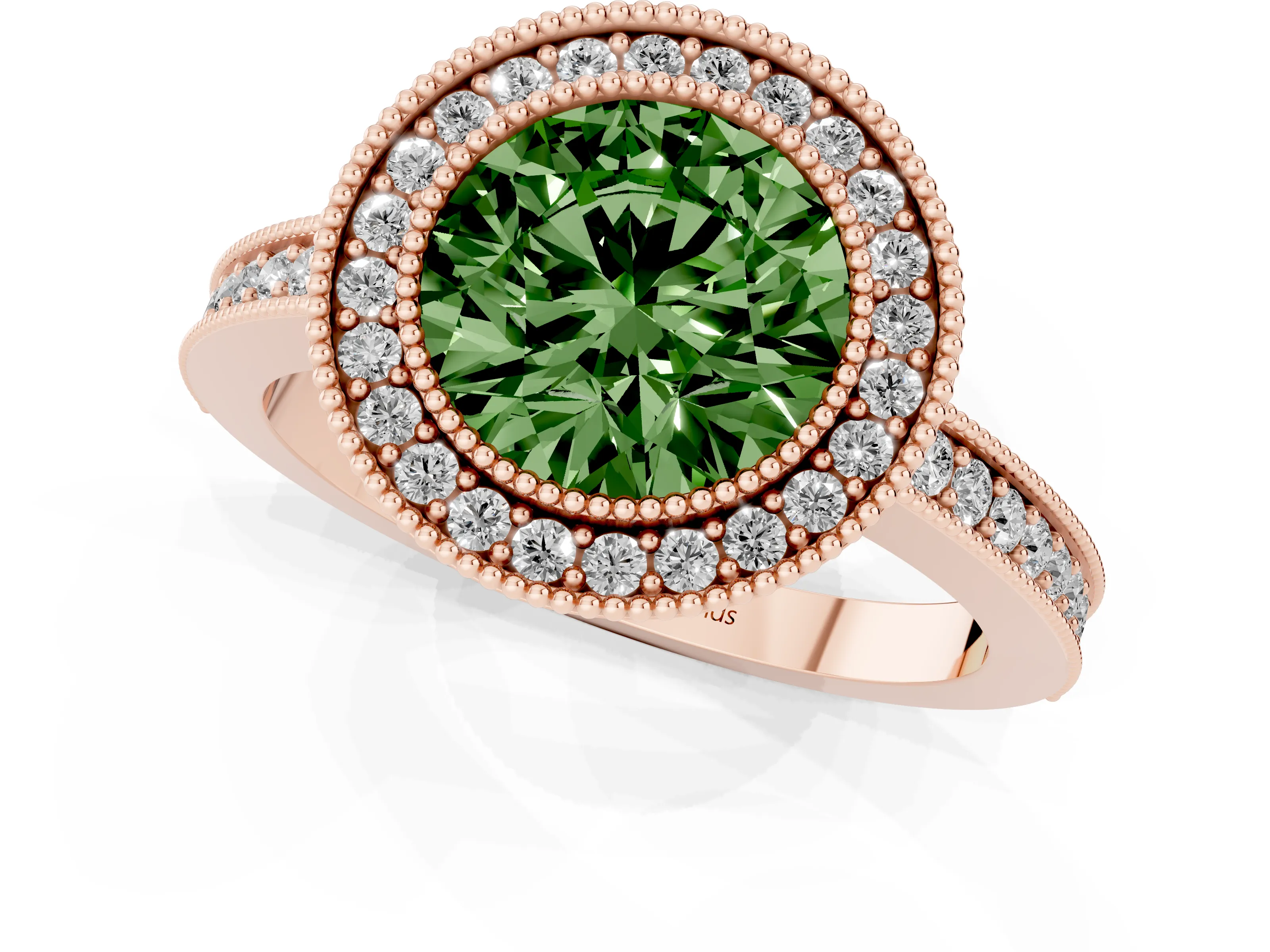 Fancy Green Round Cut Diamond Round Halo Ring Set in Rose gold with Pavé Band