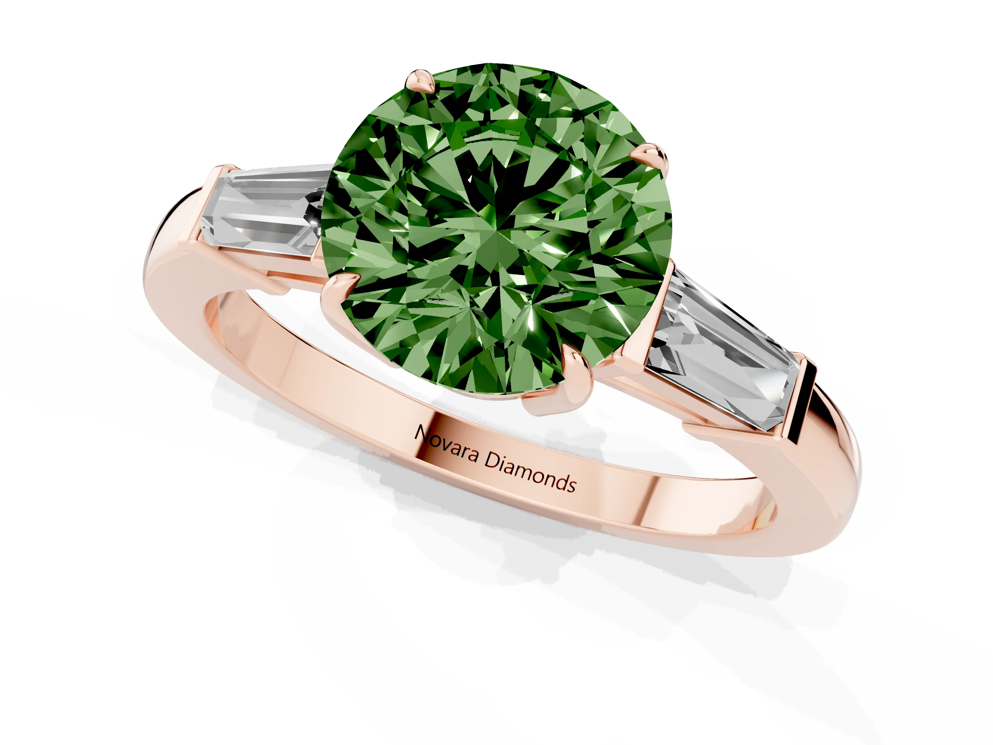 Fancy Green Round Cut Diamond Three-Stone Ring Set in Rose gold with Tapered Baguette Side Stones and Prong Setting