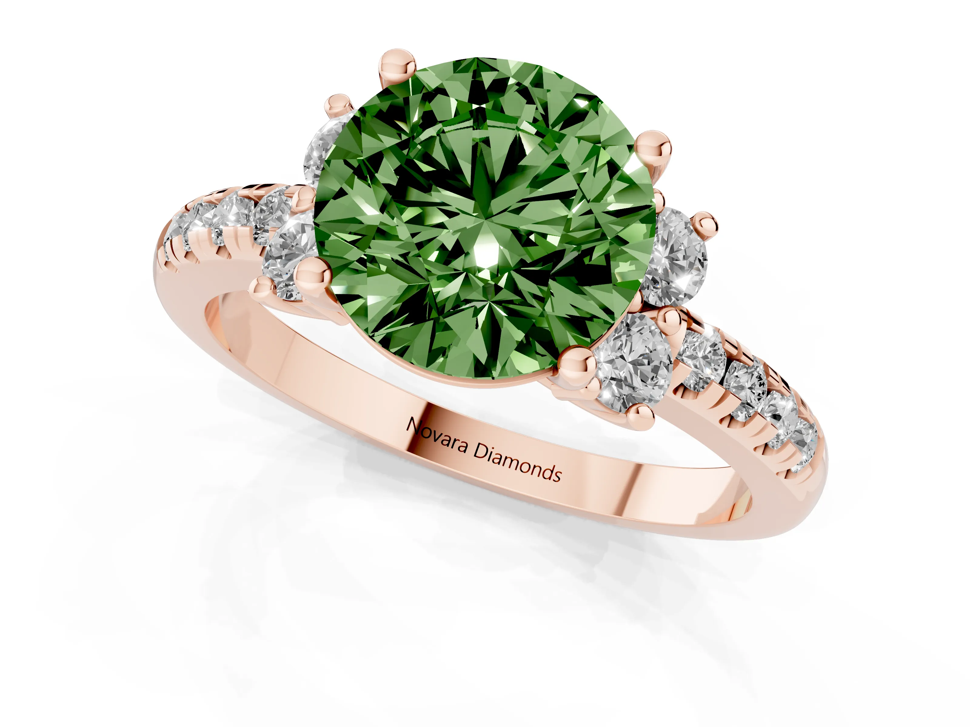 Fancy Green Round Cut Diamond Three-Stone Pavé Ring Set in Rose gold with Prong Setting