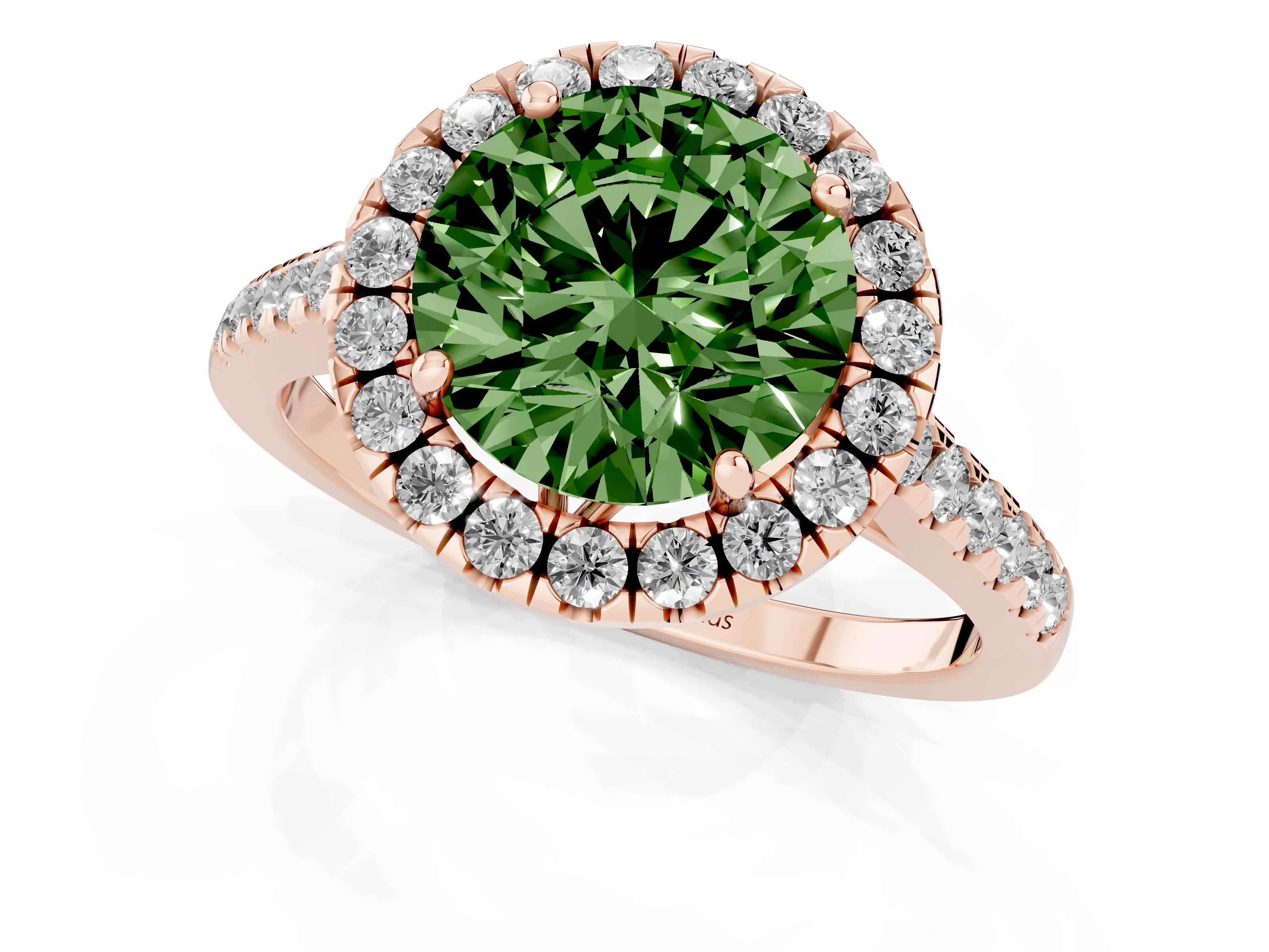 Fancy Green Round Cut Diamond Pavé Halo Engagement Ring Set in Rose gold with Pavé Band and Prong Setting