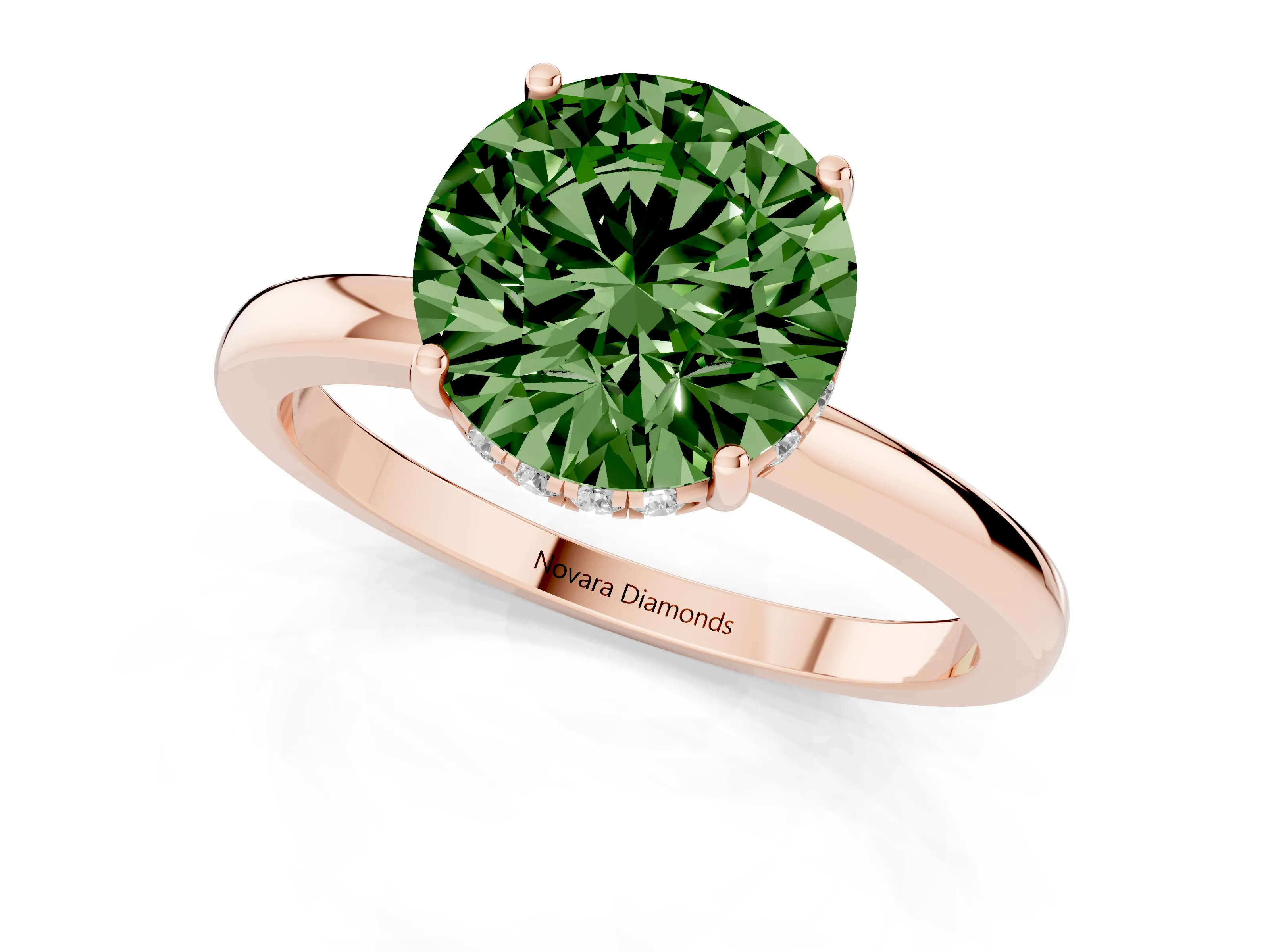 Fancy Green Round Cut Diamond Solitaire Ring Set in Rose gold with Plain Band and Prong Setting