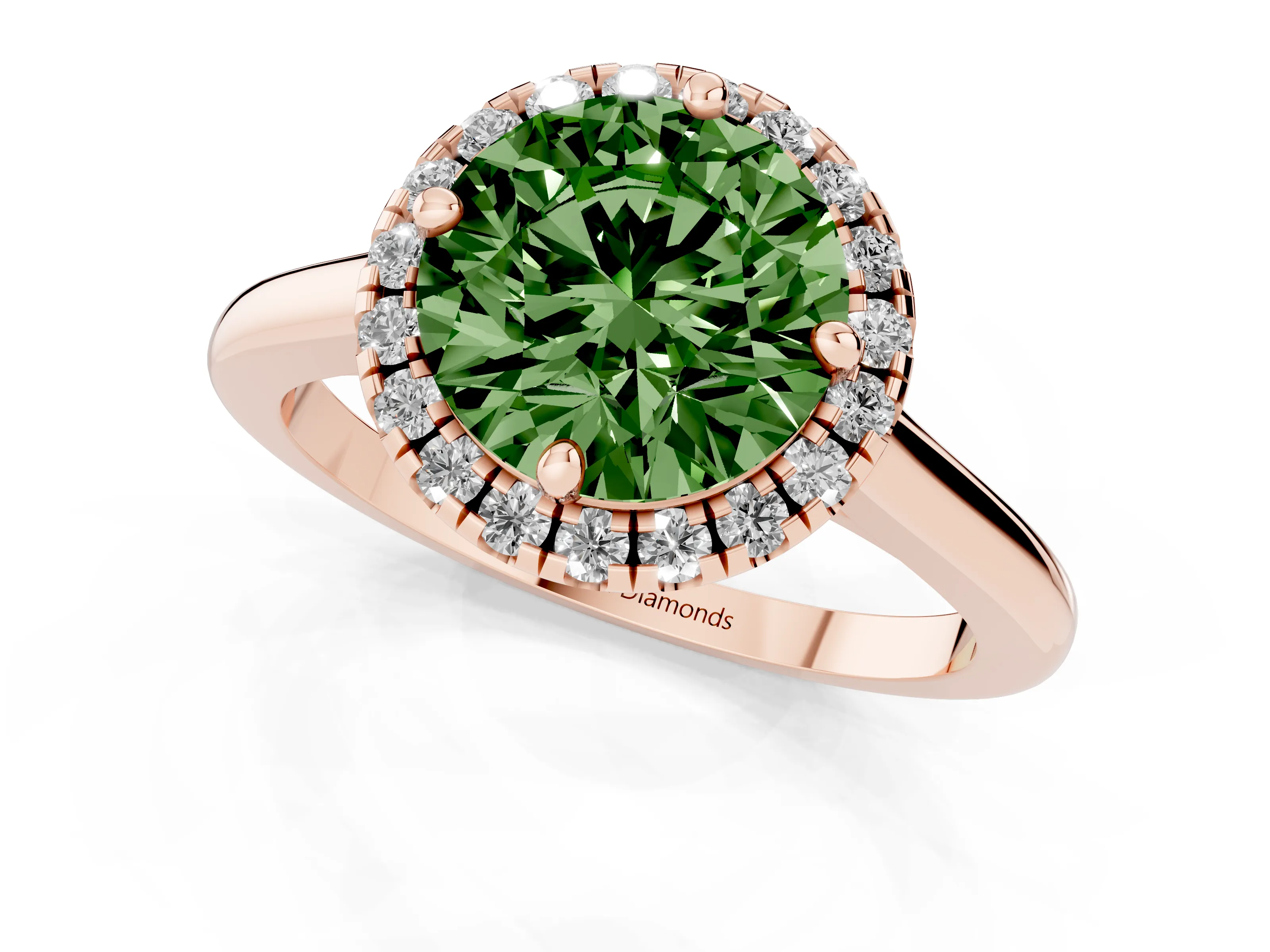 Fancy Green Round Cut Diamond Halo Engagement Ring Set in Rose gold with Pavé Band and Rising Shoulders