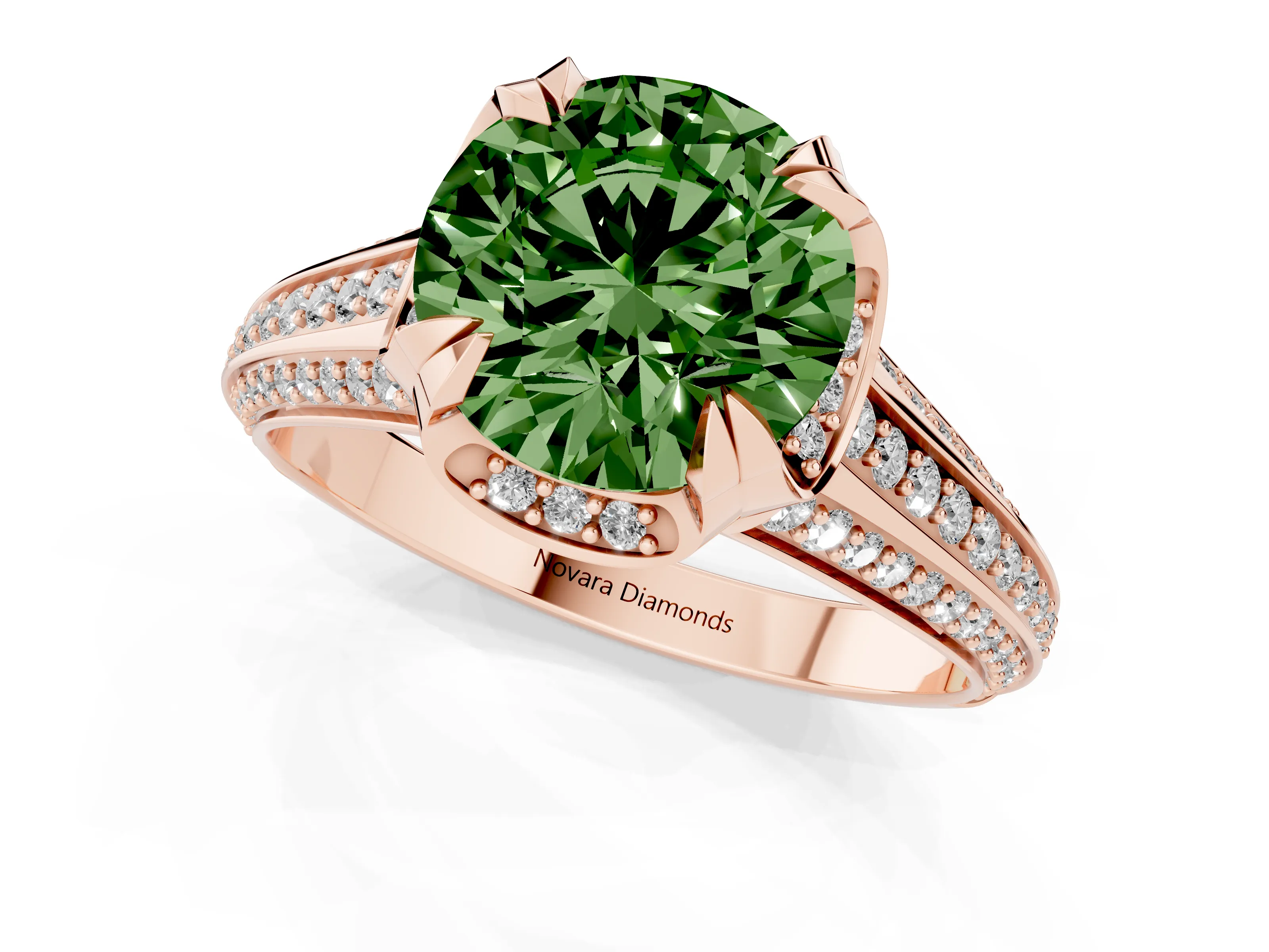 Fancy Green Round Cut Diamond Pavé Split Shank Solitaire Ring Set in Rose gold with Prong Setting