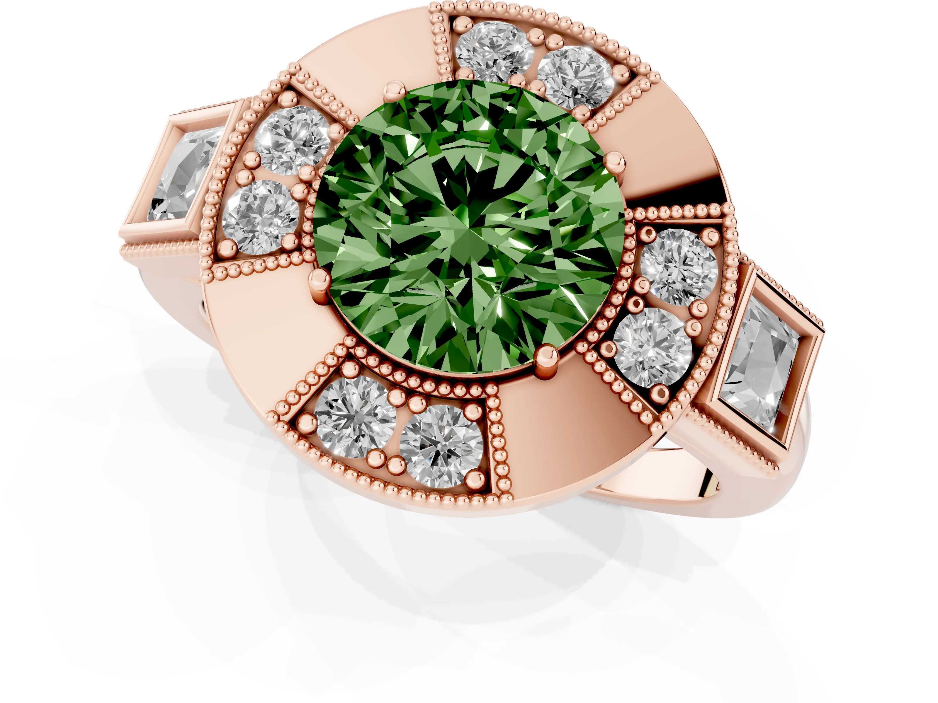 Fancy Green Round Cut Diamond Milgrain Halo Ring Set in Rose gold with Split Shank