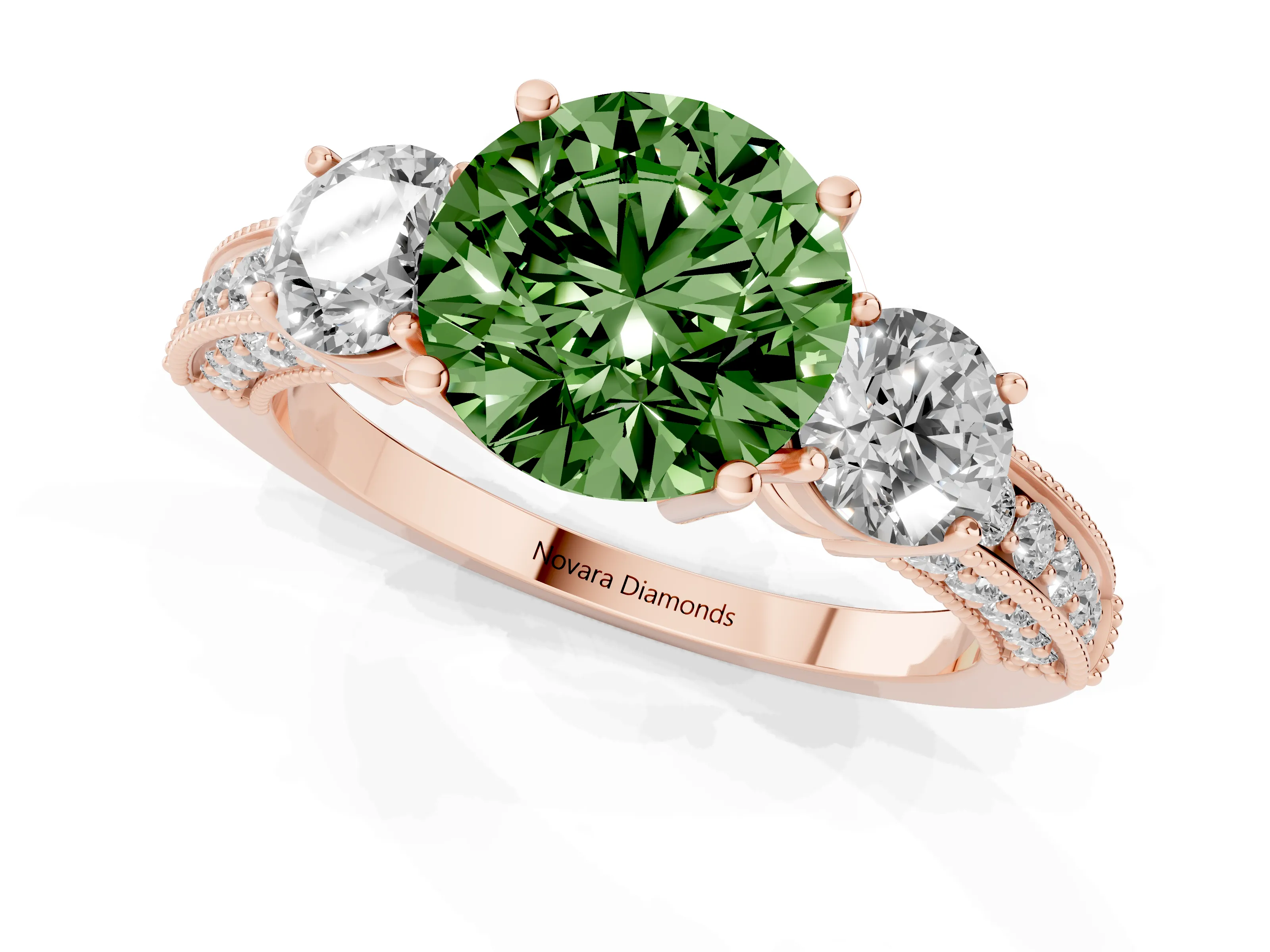 Fancy Green Round Cut Diamond Three-Stone Ring Set in Rose gold with Round Side Stones and Pavé Band