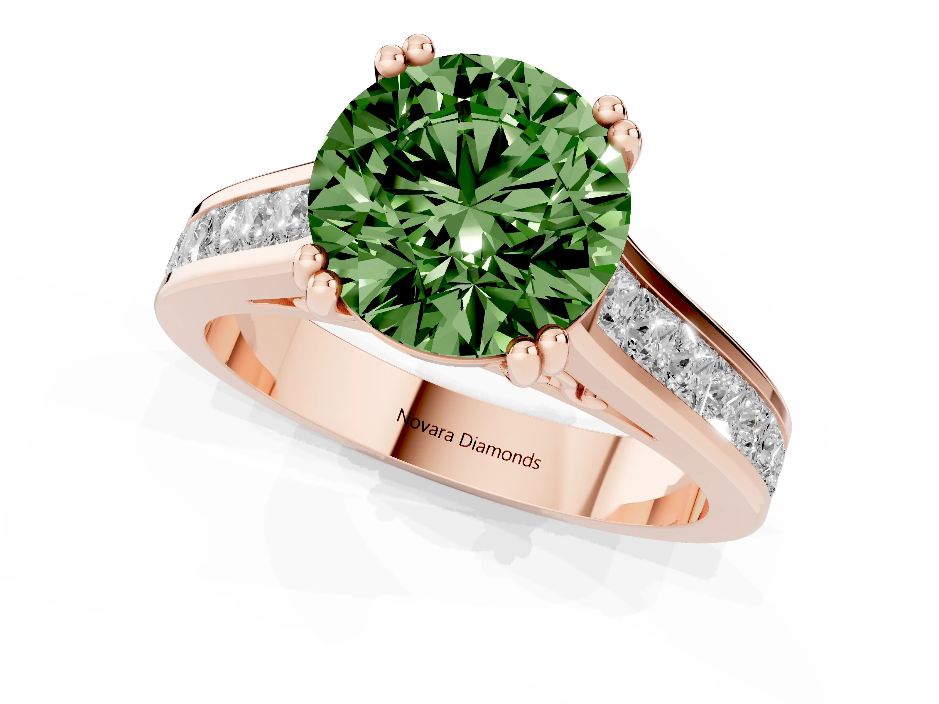 Fancy Green Round Cut Diamond Channel Set Solitaire Engagement Ring Set in Rose gold with Prong Setting
