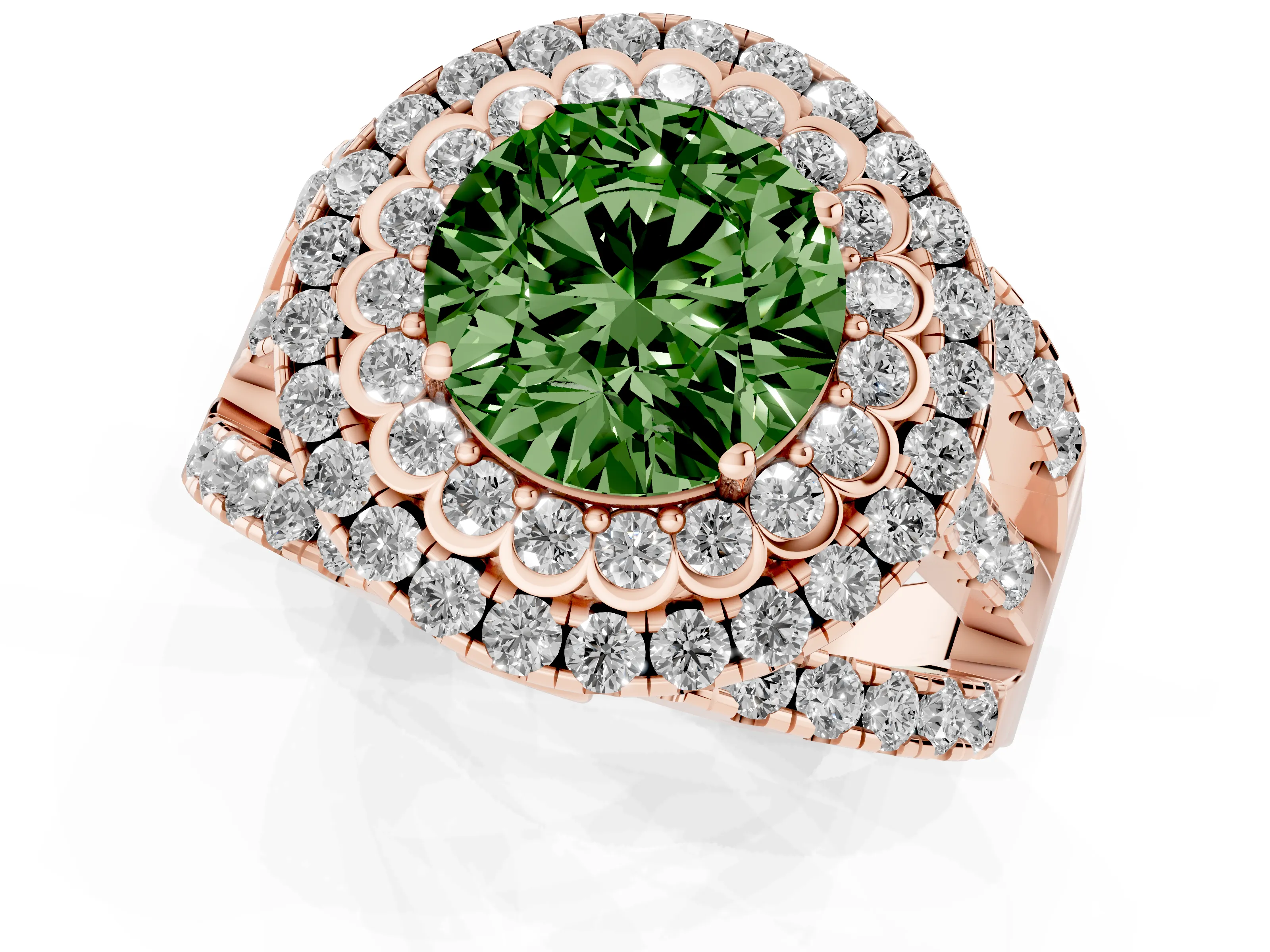 Fancy Green Round Cut Diamond Double Halo Ring Set in Rose gold with Round Pavé Split Shank