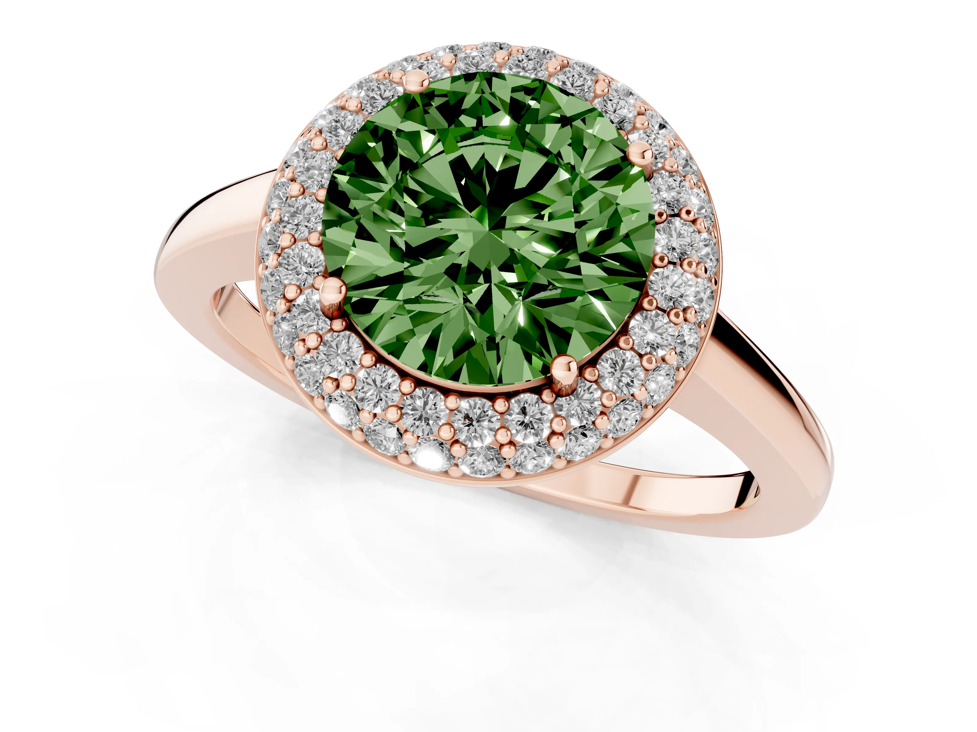 Fancy Green Round Cut Diamond Halo Engagement Ring Set in Rose gold with Solitaire Band and Prong Setting