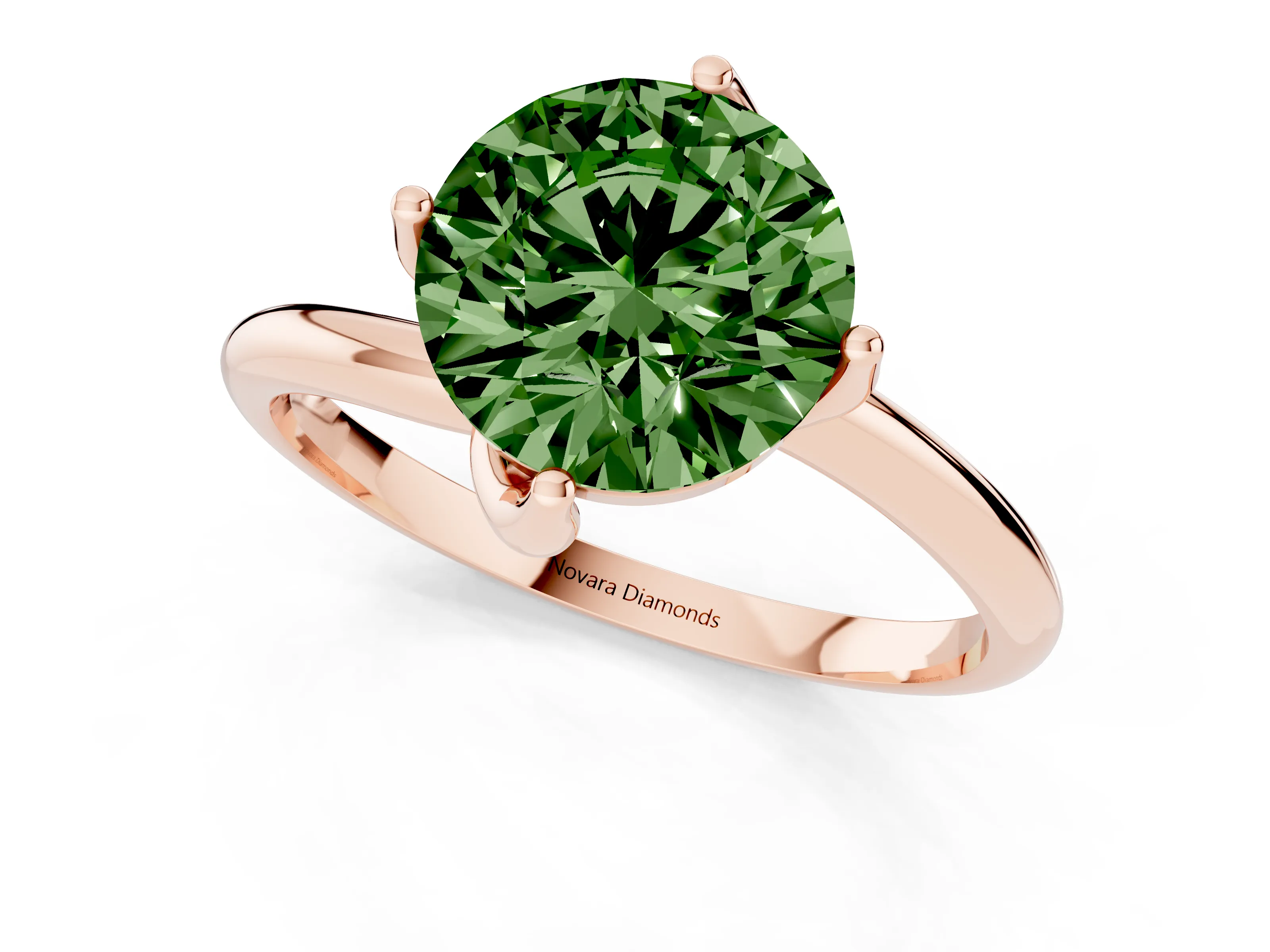 Fancy Green Round Cut Diamond Solitaire Engagement Ring Set in Rose gold with Classic Plain Band